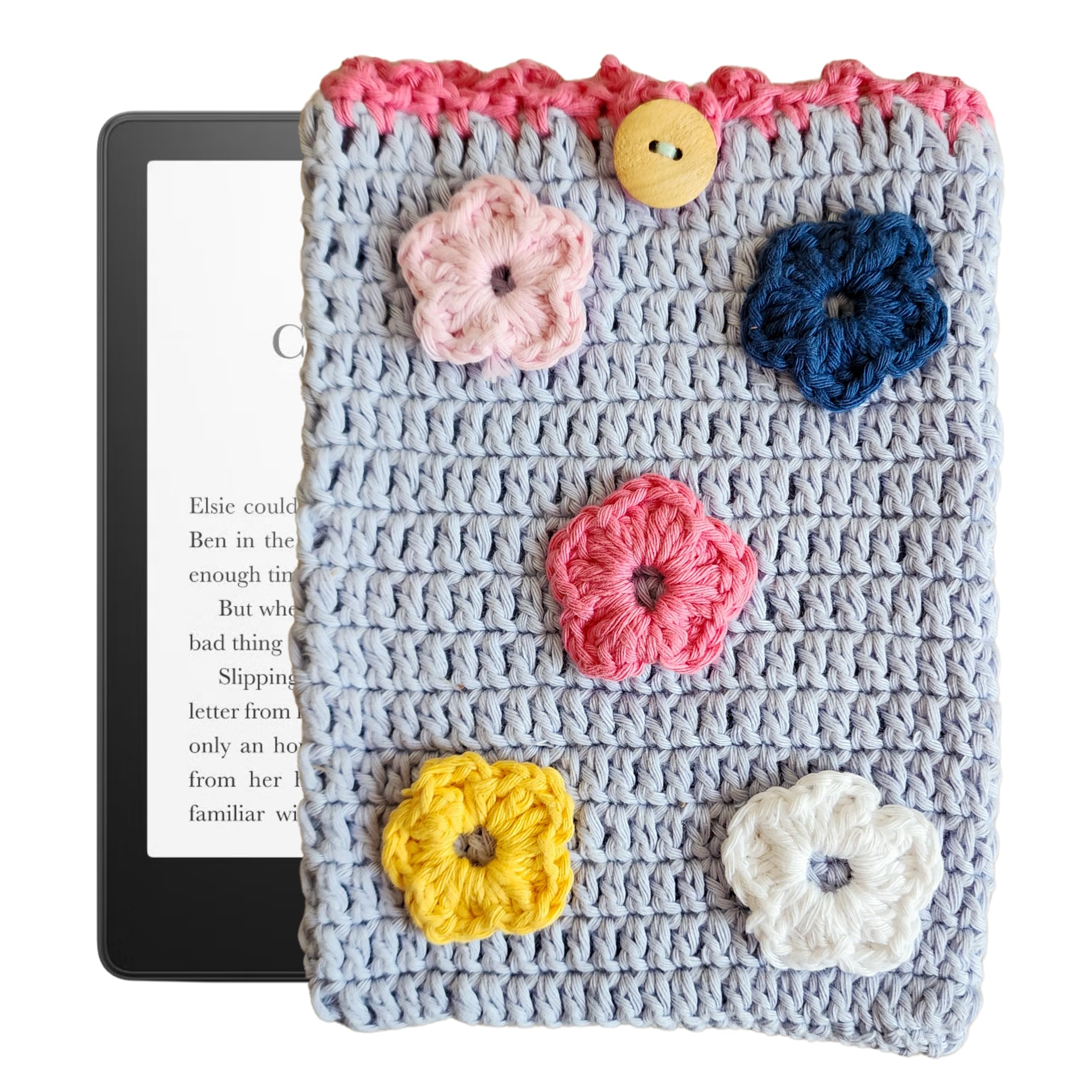 Handwoven Kindle Pouch, Compatible with All Models 5.5”- 7” (Except Scribe), Handmade Kindle Accessories for Women, Protective Sleeve Cover Pouch Bag, Crotcheted eBook Reader Sleeves Floral Breeze