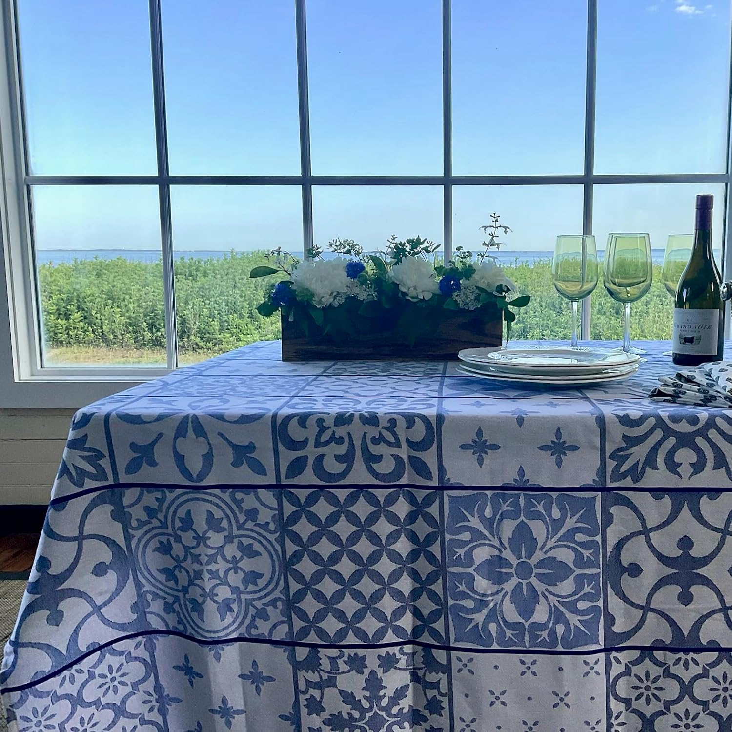 Amelie Michel Luxury French Cotton Jacquard Tablecloth in Carces, Blue & White | Stain Resistant, Easy-Care, Machine Washable Fabric Made in France [70" x 78" Rectangle]