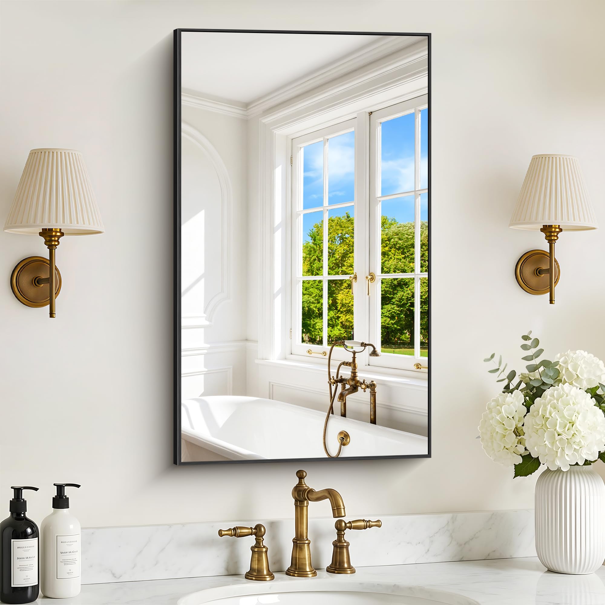 DESBING 18" x 30" Bathroom Mirror, Black Metal Frame Wall Mirror