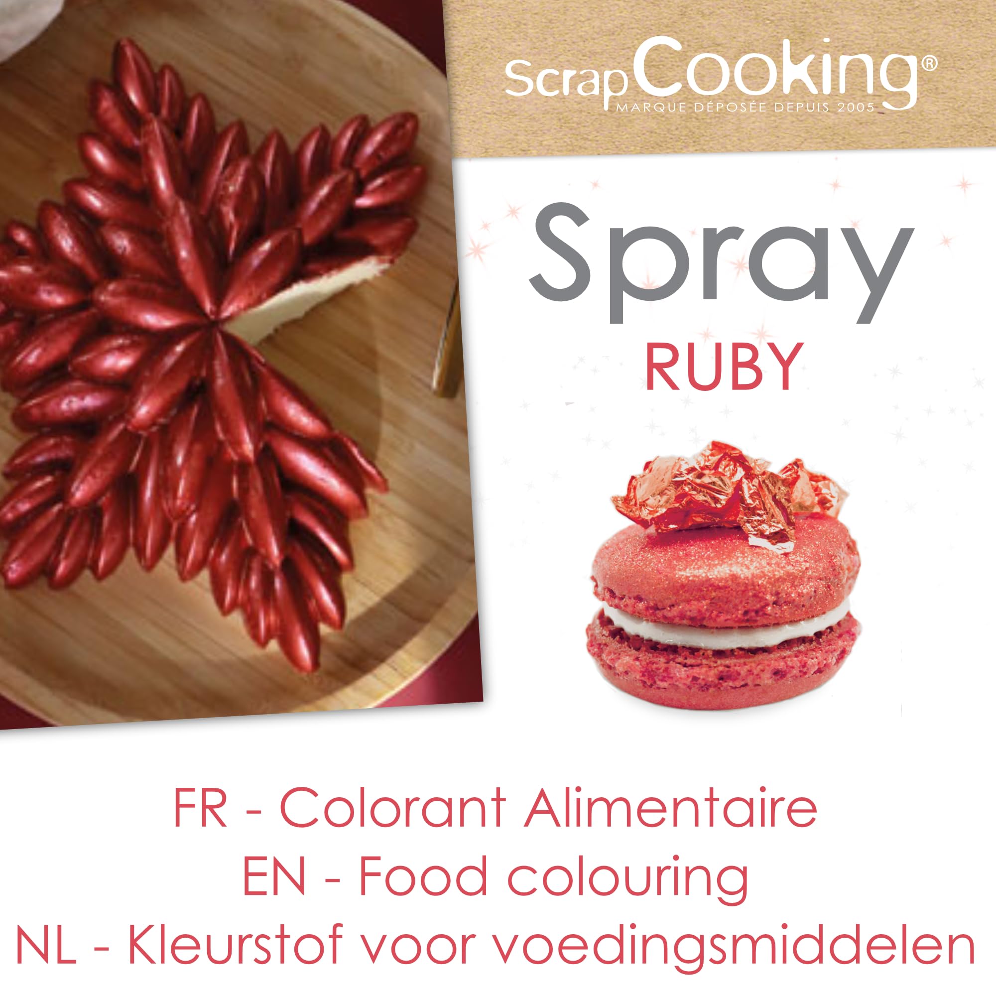 ScrapCooking - Spray Colorant de Surface Rubis 75 ml - Spray Alimentaire Rose Irisé pour faire Briller vos Pâtisseries, Biscuits, Macarons, Pâtes à Sucre, Gâteaux, Bûches - 4294