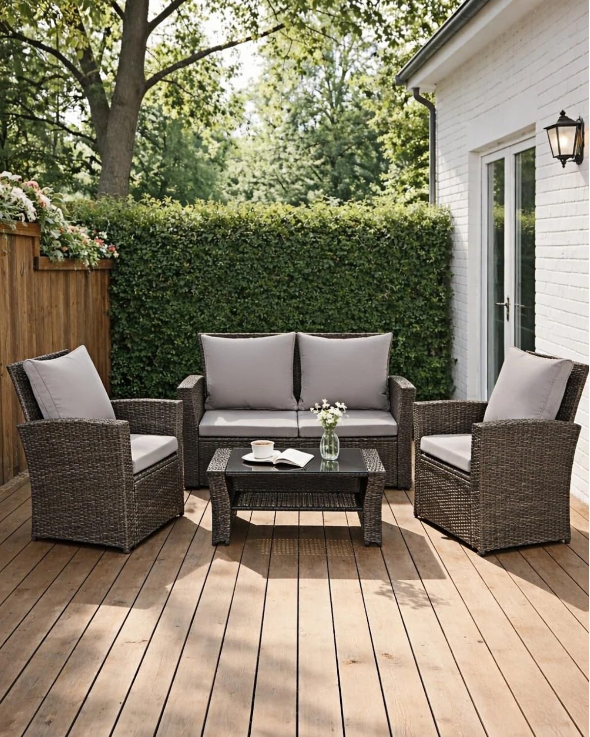 Atenza Polyrattan Gartenmöbel Set 4-teilig, Balkonmöbel Lounge Sitzgruppe | Wetterfeste Terrassenmöbel für 4 Personen, Glastisch mit praktischem Stauraum, waschbare Kissenbezüge mit Reißverschluss