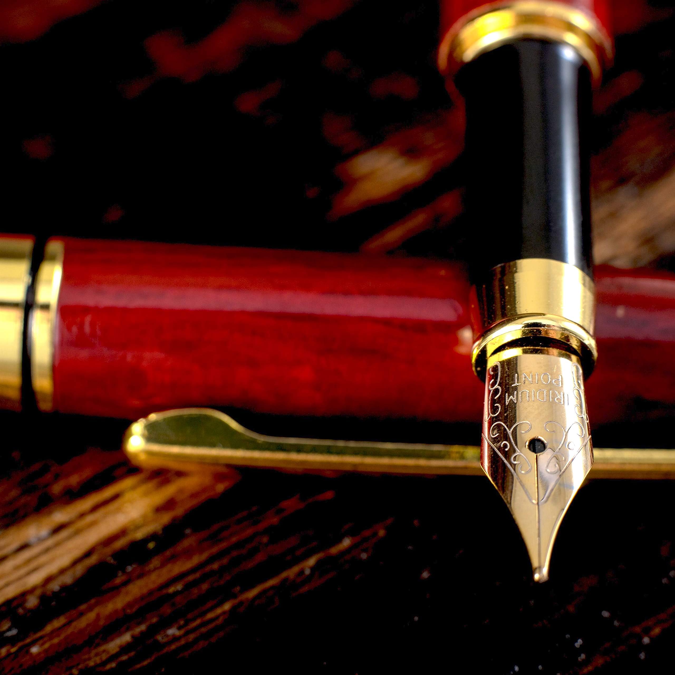 Gorgeous Red Fountain Pen made of Luxury Wood with Refillable Converter, Beautiful Case Set and Medium Nib Point. Works Smoothly with Disposable Ink Cartridges. Fine Calligraphy Pens. Modern Classic