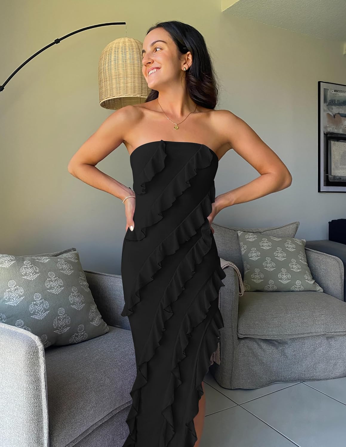 ZESICA Women's 2026 Strapless Bodycon Dress Sexy Off Shoulder Mesh Tassel Ruffle Side Split Tube Party Maxi Dresses - Image 7