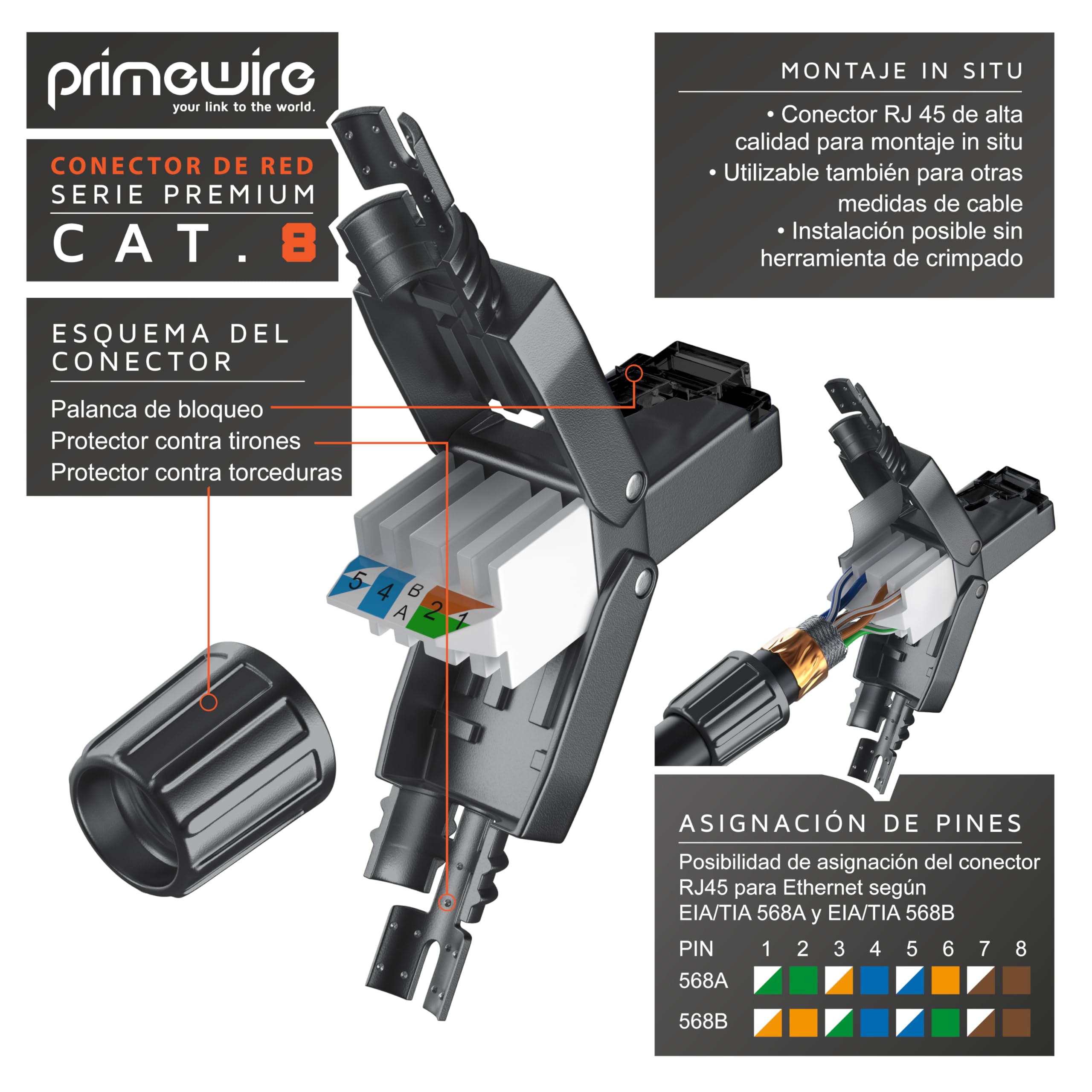 Primewire - 8X Conectores de Red Ethernet RJ45 Cat 8 Cat 7 Cat 6 - Cable LAN blindado 40 GBit/s 2000 MHz – Contactos Dorados - Conector crimpado para Cables de Red - Instalación sin Herramientas