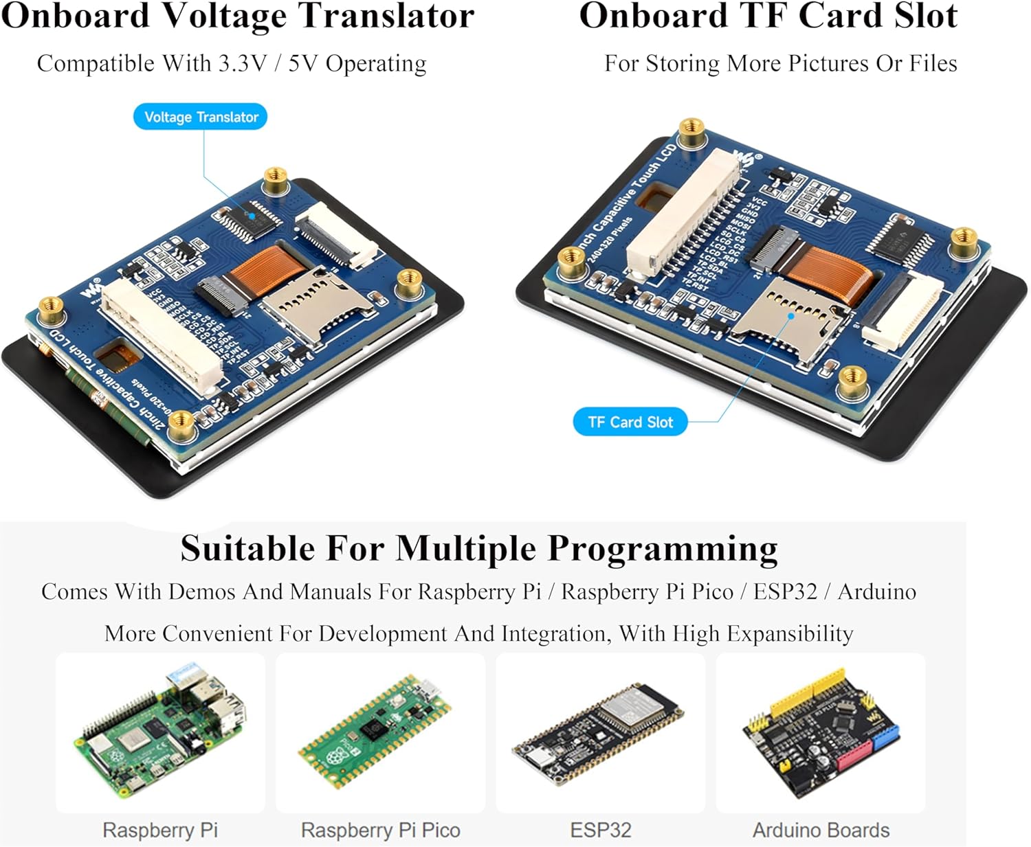 2inch IPS Touch Screen Compatible with Raspberry Pi 5/4B/3B+/3B/Pi Zero/Zero W/Pi Zero 2W/Pico/Pico W/Pico 2/Pico 2W/ ESP32, 240x320 Resolution Capacitive Touch LCD Display, I2C SPI Interface