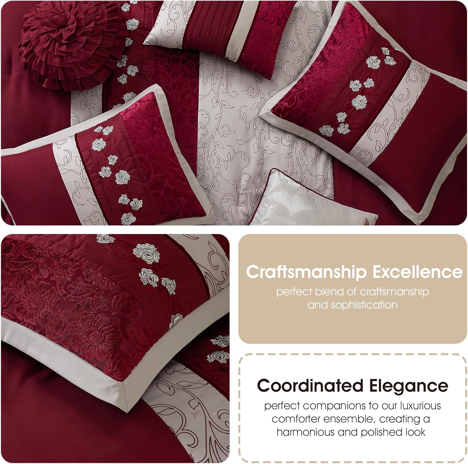 Grand Avenue Wine California King Comforter Set, Piecework with Flocking Embroidery Bedding, Floral 7 Pieces Comforters, Bedskirt, Pillows & Shams