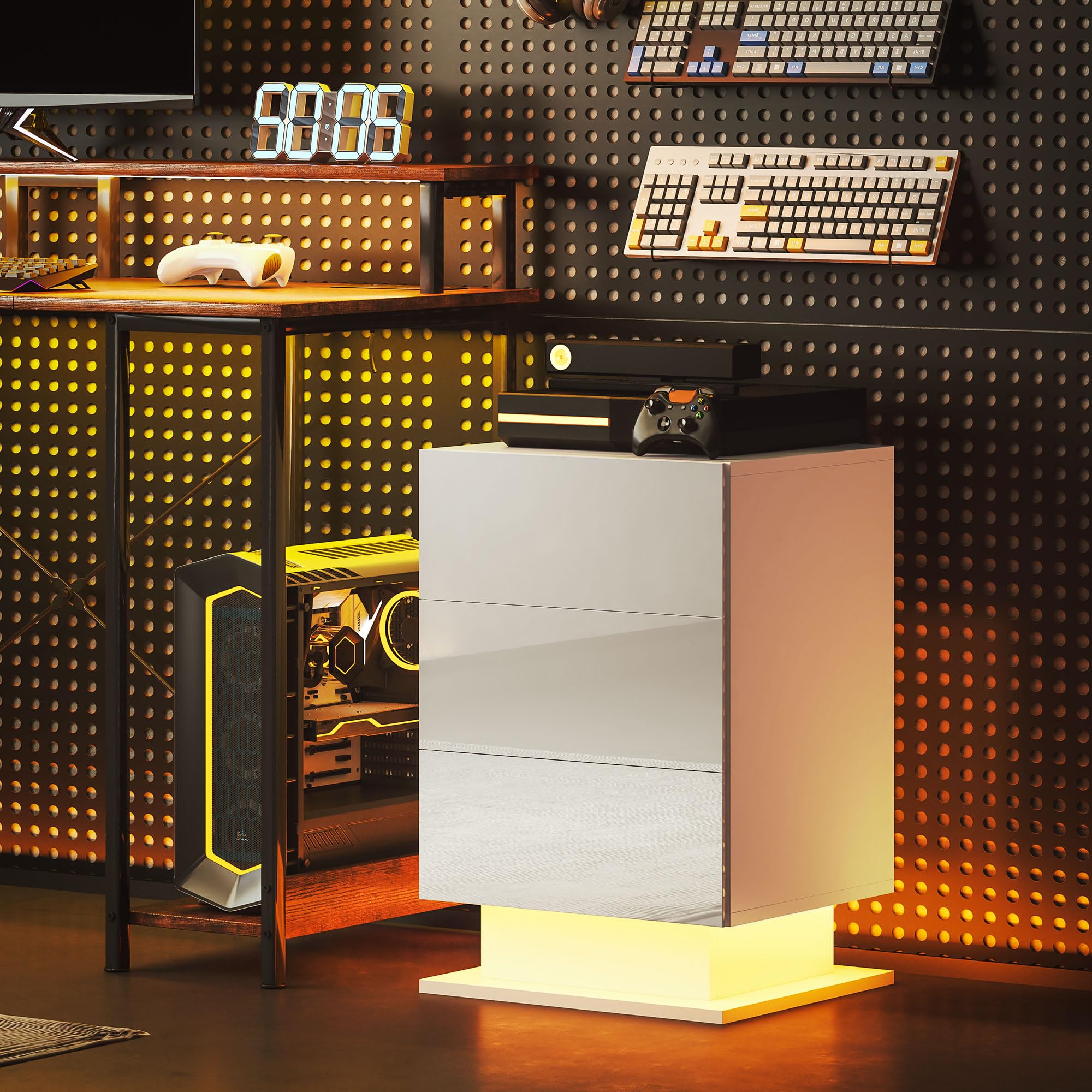 HOMCOM Mesita de Noche con Tira LED 3 Cajones 40x35x60 cm Blanco Brillo