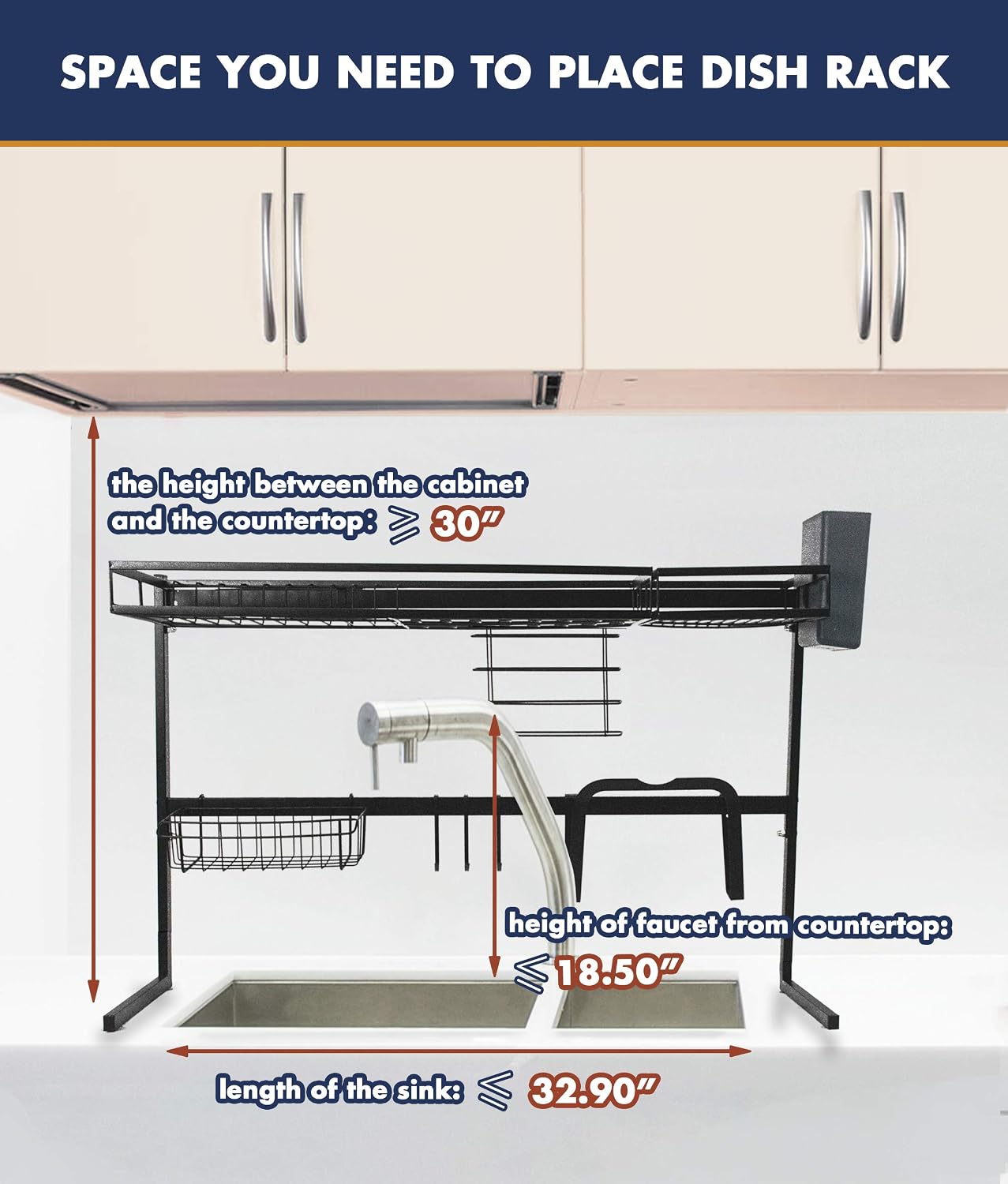 Over Sink Dish Drying Rack, Black, Heavy Duty, Easy Installation, Space-Saving, Non-Slip Drainer Shelf, Stainless Steel Larger Dish Dryer Rack for Kitchen Organization, WallQmer