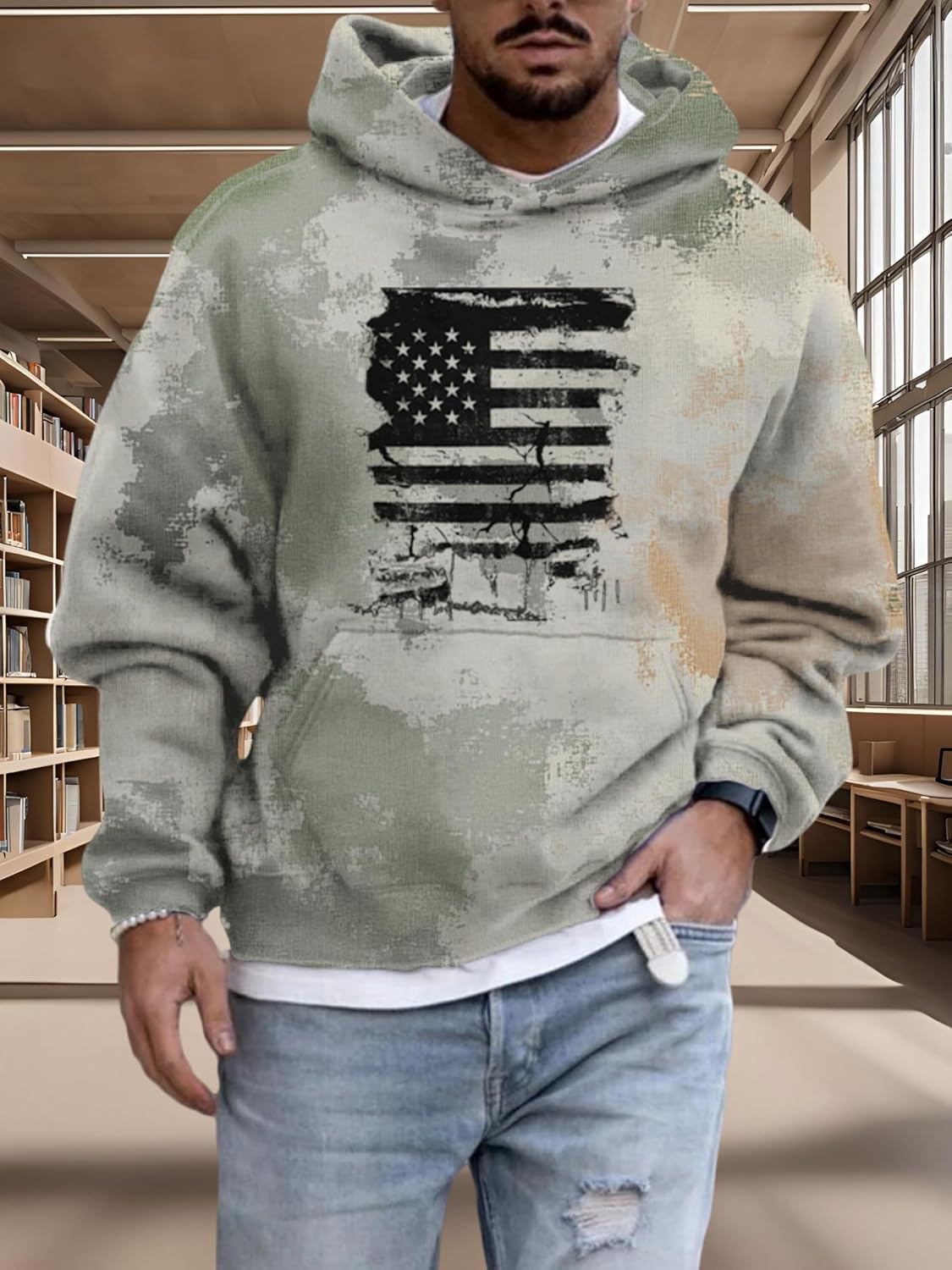 ZOCAVIA Mens American Flag Camo Hoodies Western Cowboy Graphic Hooded Sweatshirts Fall Fashion Retro Pullover Top with Pocket