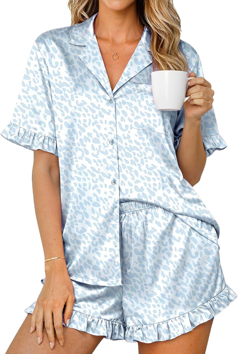 Ekouaer Womens Satin Pajamas Cute Ruffle Sleeve Printed Sleepwear Button Down Silk Pjs Set