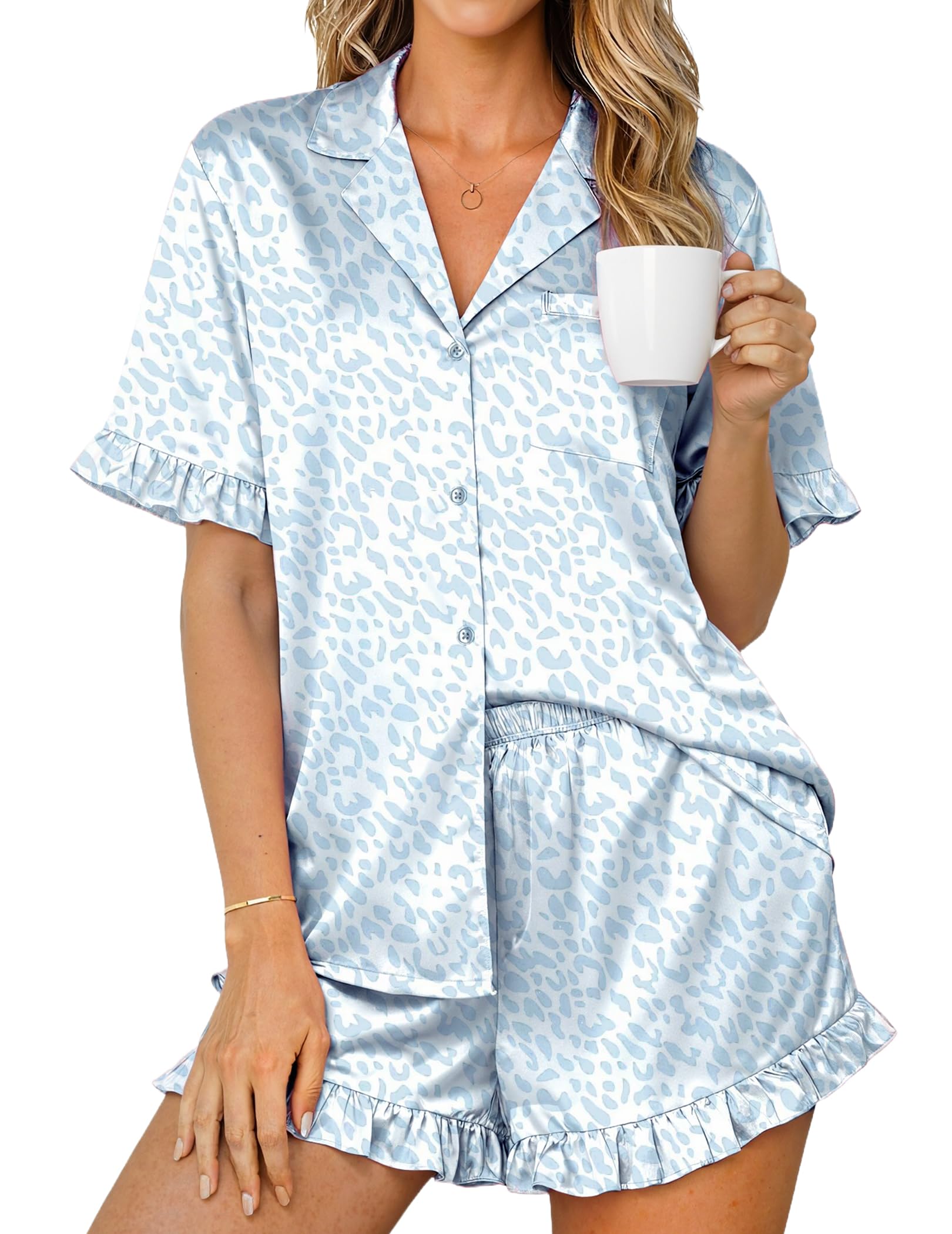 Ekouaer Womens Satin Pajamas Set Button Up Silk Pjs Short Sleeve Shorts Set