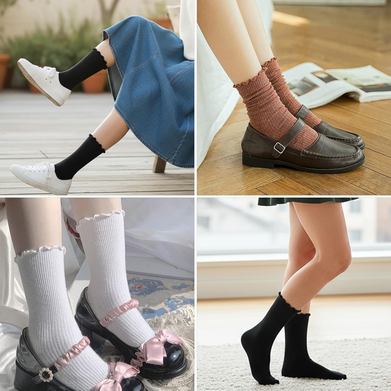 6 Pairs Womens Ankle Ruffle Socks Cute Ruffle Ankle Socks Soft Breathable Cool Frilly Crew Sock - Image 2