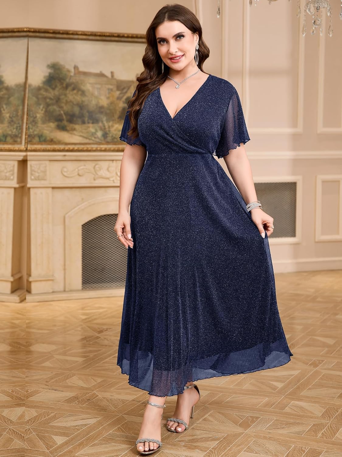 ZOMVA Plus Size Sparkly Maxi Dress V-Neck Wrap Ruffle Sleeve A-Line Glitter Gown Wedding Guest Cocktail Evening Party