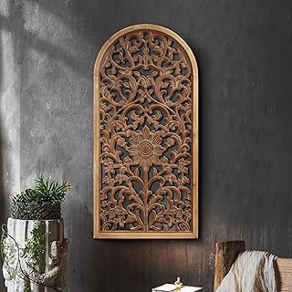 WREVERW Rustic Boho Arched Wood Wall Art, Hand-Carved Floral Panel with ...