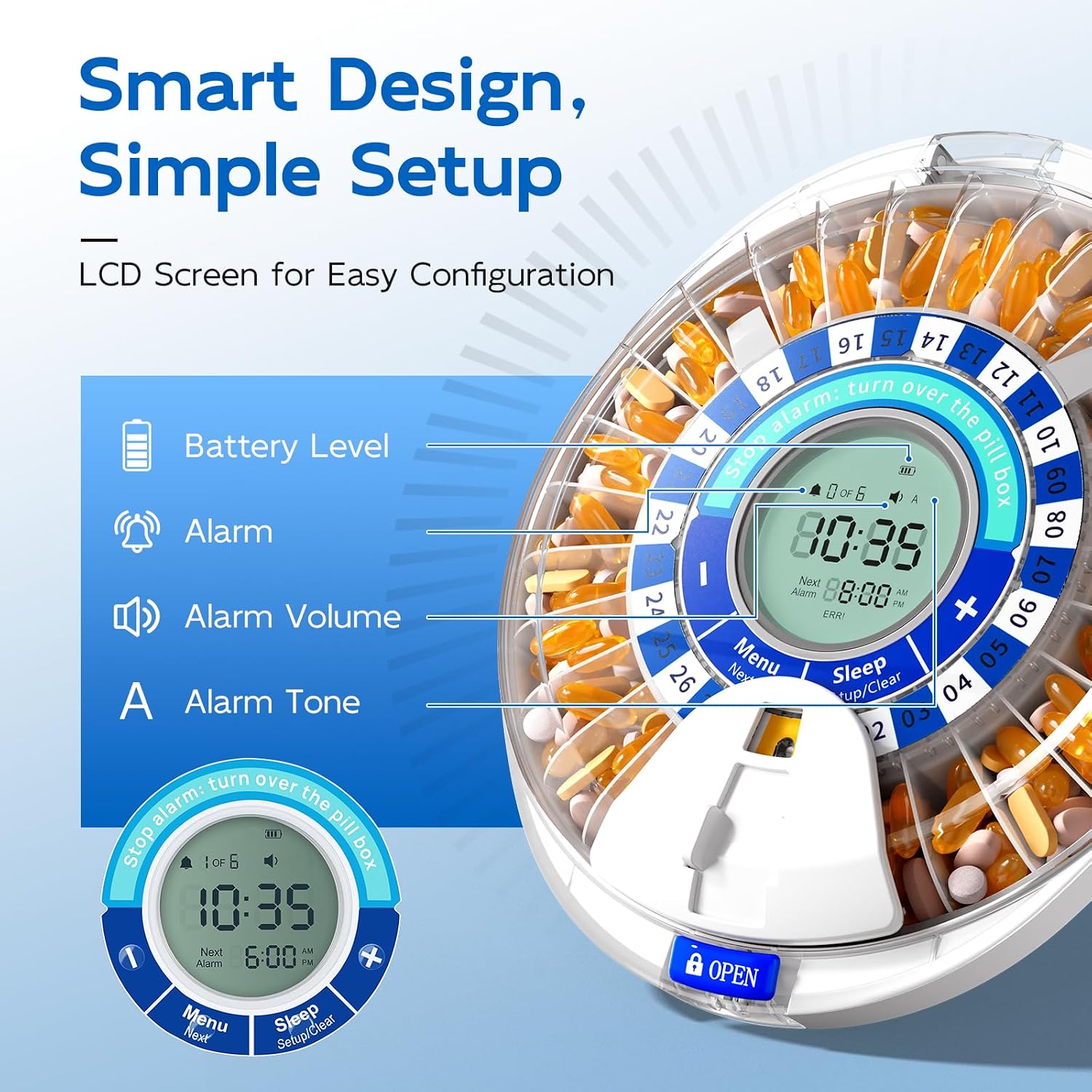 Daviky Automatic Pill Dispenser for Elderly with Alarm, 28-Day Electronic Locked Pill Box, Sound & Light Reminders for Medication, Vitamins, and Supplements(Blue)