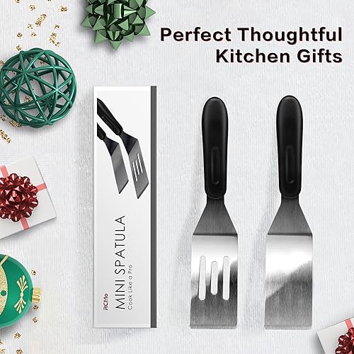 Miniatura 7 de Espátula pequeña profesional mini espátula para servir, juego de 4 espátulas de metal de acero inoxidable, cortador y volteador de servir para