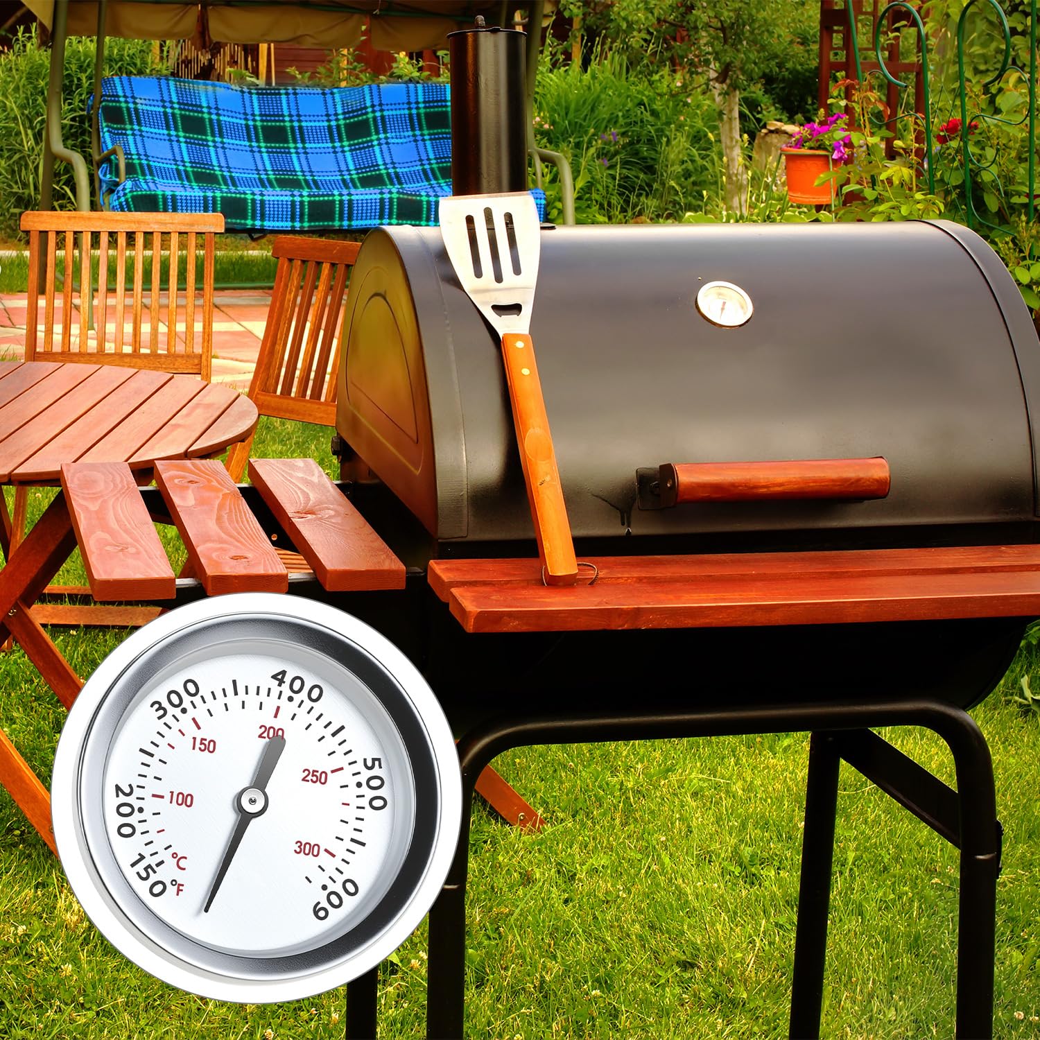 QWORK 60540 7581 Termometr do grilla kompatybilny z grillem Weber Weber Spirit 200 i 300, seria Q, Ø 4,6 cm, stal nierdzewna