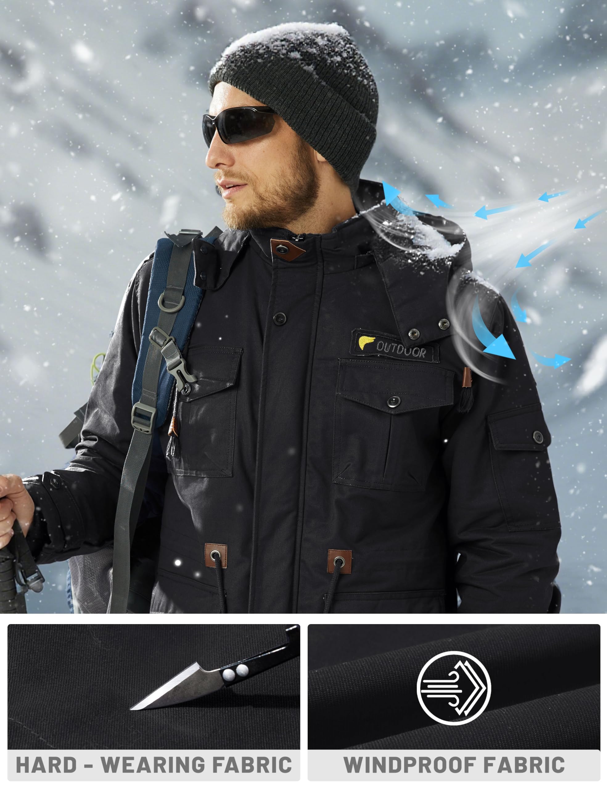 TACVASEN Herren Winterjacke Warme Fleecejacke Militärjacke Lässige Gefütterte Cargojacke Thermo Outdoorjacke Arbeitsjacke