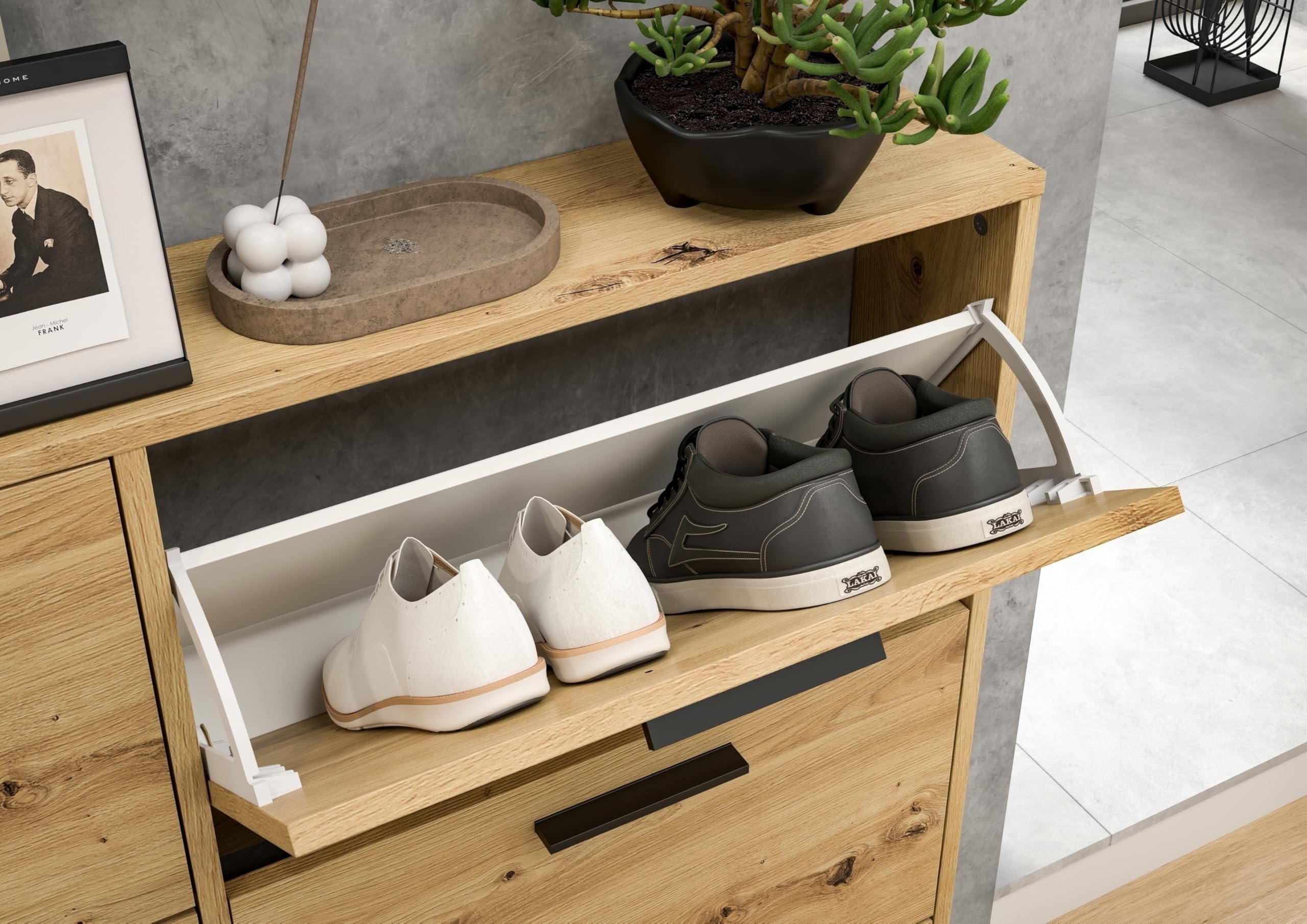 möbelando Schuhkipper 3 Klappen Eiche Artisan Dekor 59x103x17 cm melaminbeschichtet schwarzen Griffleisten