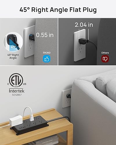 Miniatura 5 de TROND Regleta protectora de sobretensiones, 7 tomas de corriente ampliamente espaciadas con 3 puertos USB (1 USB C), certificación ETL, cable de