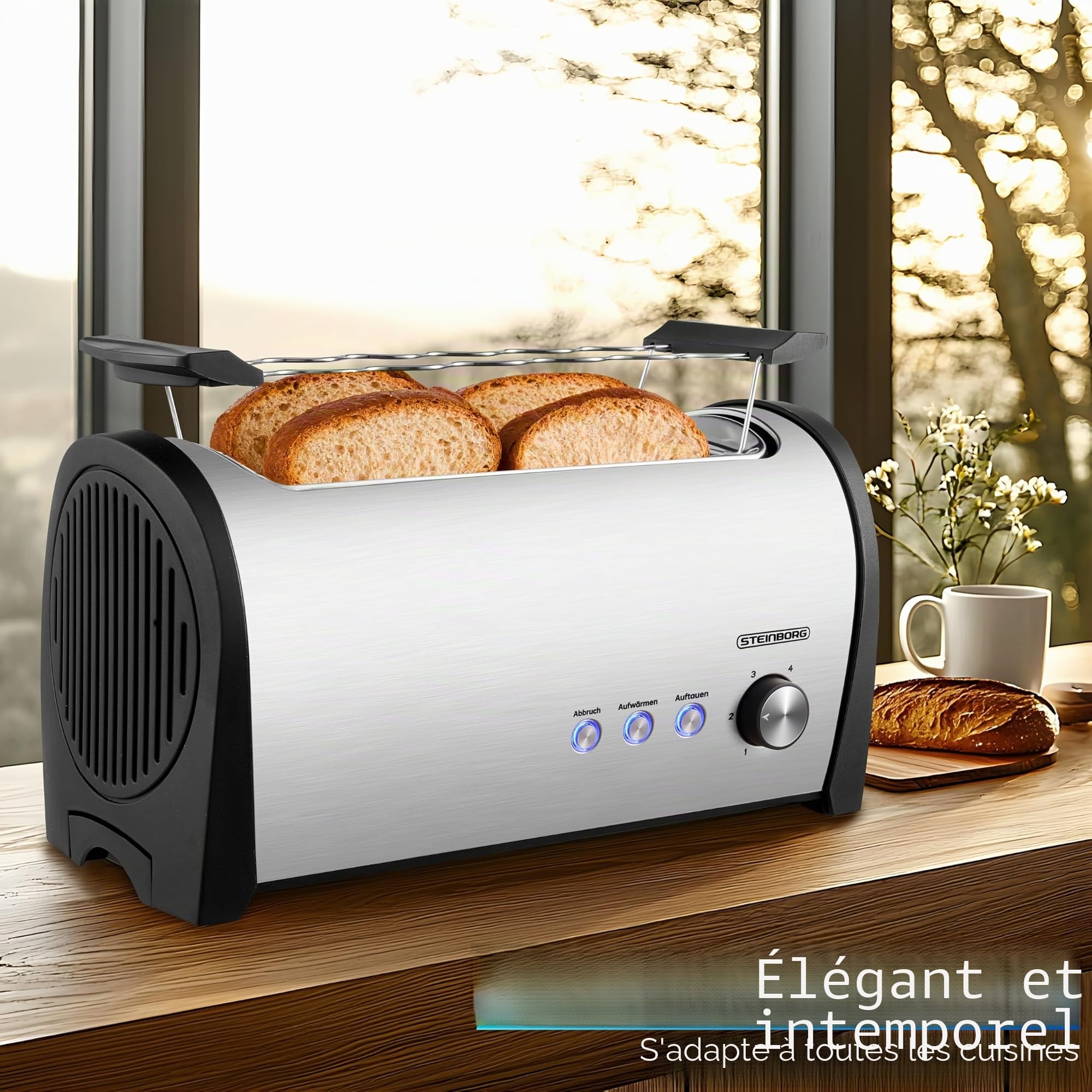Steinborg Grille-pain 4 tranches avec grille à viennoiseries XXL - En acier inoxydable - Éclairage LED bleu - Arrêt automatique - Double fente - Grille-pain familial