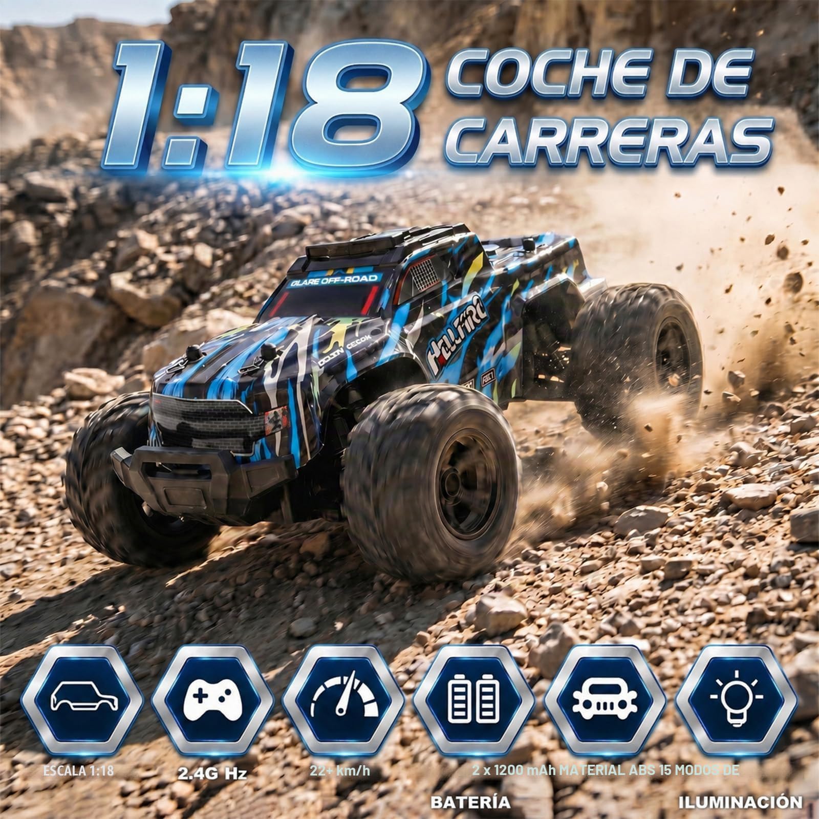 Coche Teledirigido RC 1:18 Todoterreno RC Coche de Juguete Coche Juguete para niños 5+ Exterior para niños 22KM/H