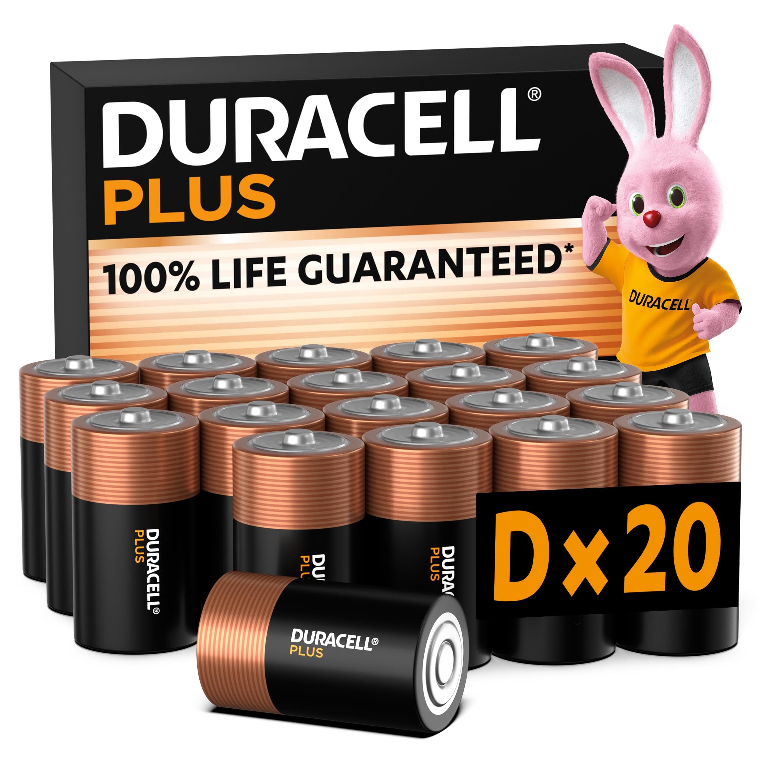 Duracell Baterie Plus D (20 sztuk) - alkaliczne 1,5 V - 100% gwarantowana żywotność - Niezawodność dla codziennych urządzeń - 0% opakowania z tworzywa sztucznego - 10-letnie przechowywanie - LR20