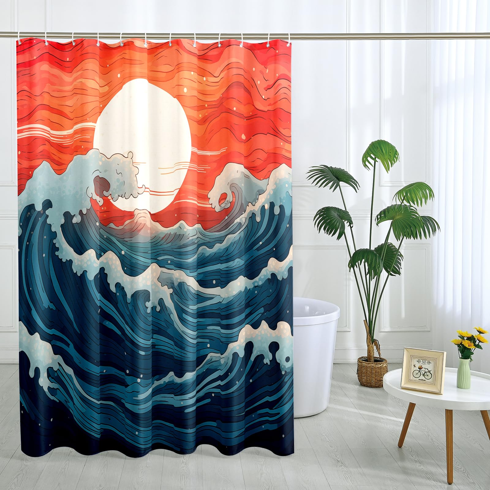 Witzest Japanese Sun Wave Shower Curtain Set, Cool Asian Shower Curtain Anime Art Bathroom Decor Polyester Fabric-72" x 72"