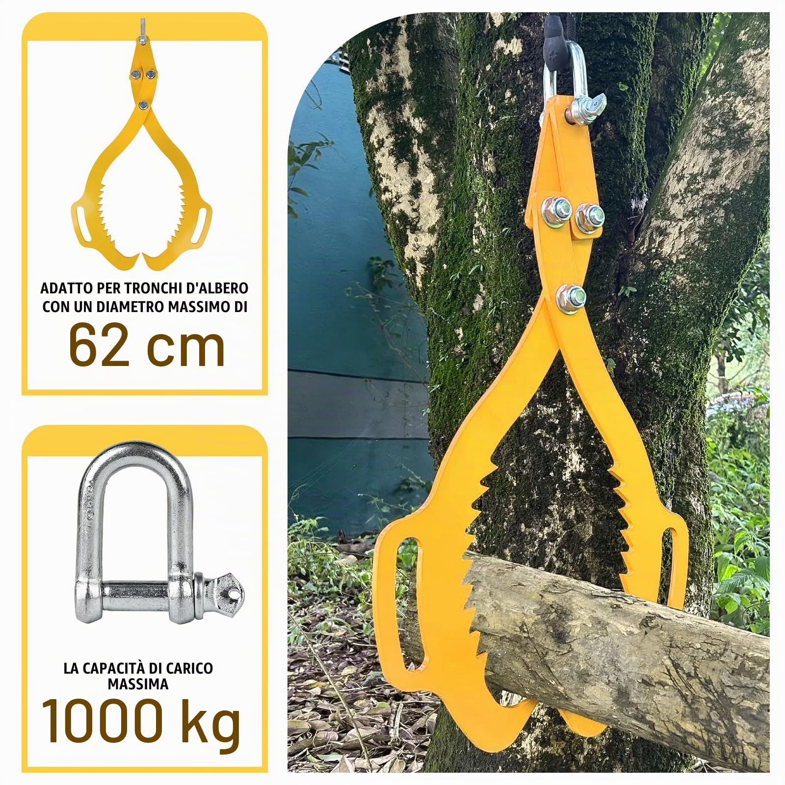 SWAWIS Pinza forestale per Legna e Tronchi in Acciaio Legato, Pinze per Sollevamento di Tronchi Fino a 620mm, capacità di Carico: 1000 kg, Aggrappatore per Legname per Impieghi Gravosi(Giallo)