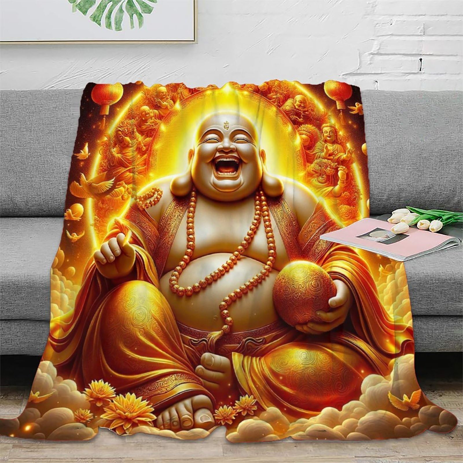 Couverture Bouddha imprimée 3D en peluche microfibre douce pour canapé et lit 100x130cm