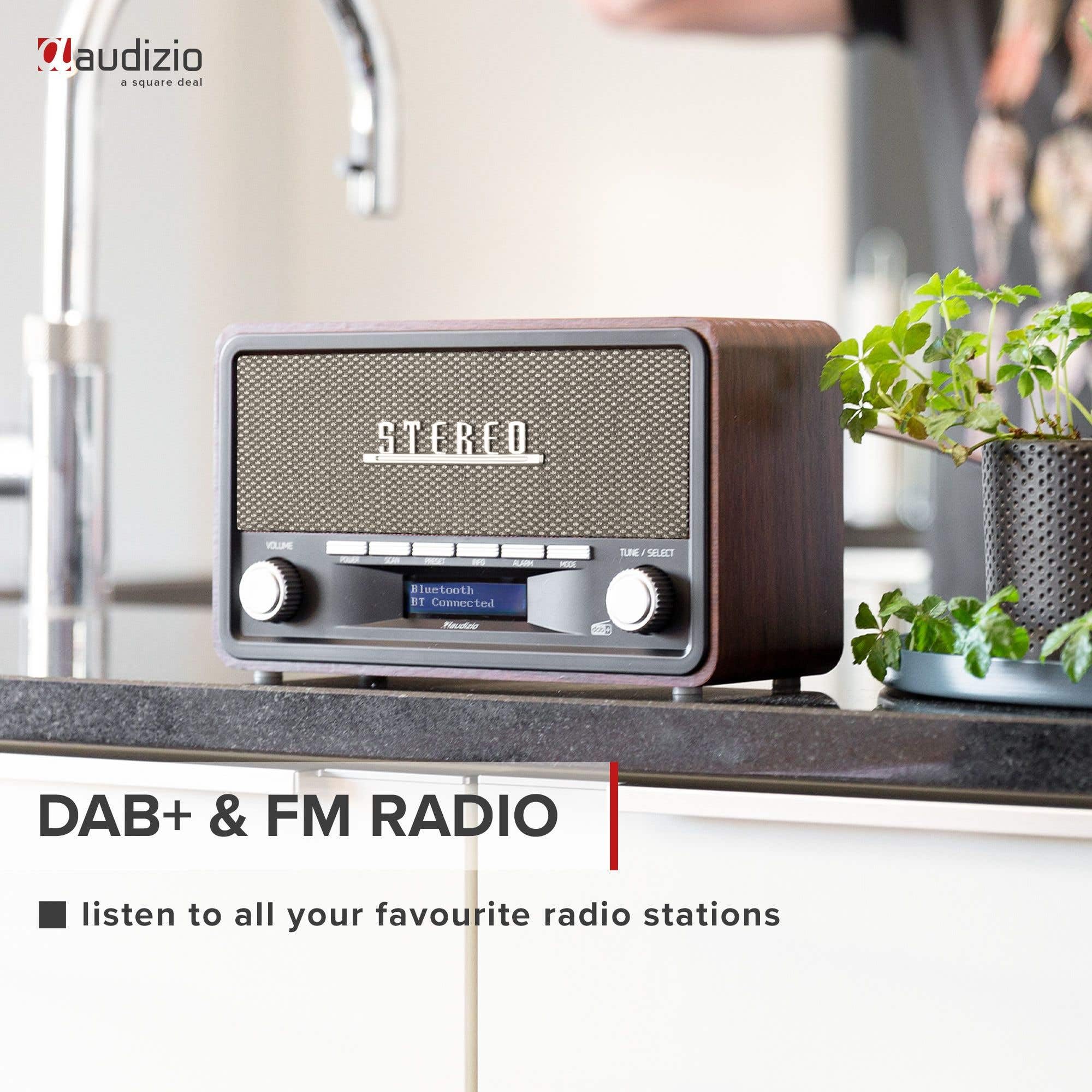 Audizio Foggia, Retro Radio, DAB Plus Radio, Bluetooth, Batterie- Netzbetrieb, Radiowecker, FM, 20 Speicherplätze, AUX, Alarm Küchenradio Vintage, Grau