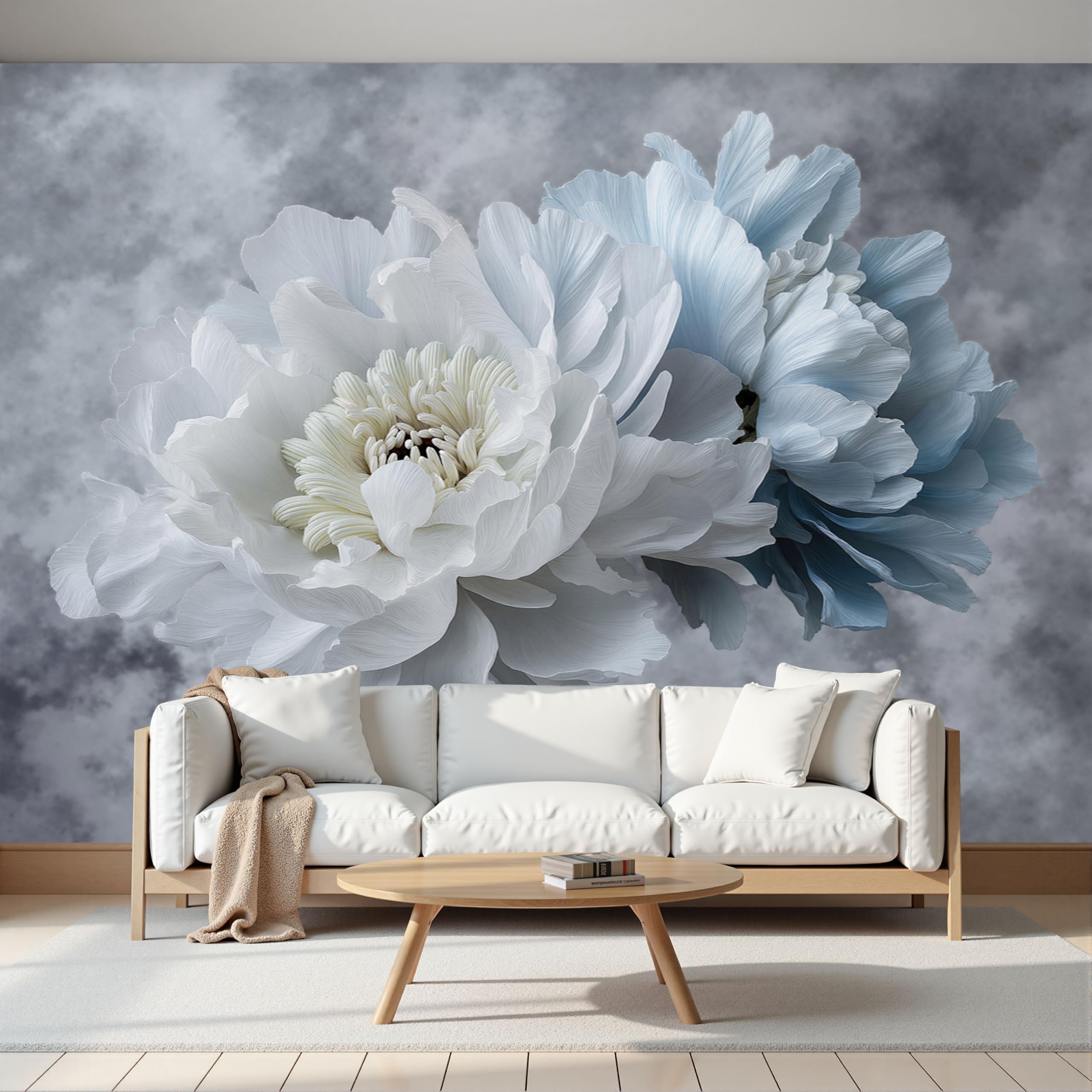 Fresque murale pivoine brumeuse papier peint effet aquarelle bleu-gris haut de gamme