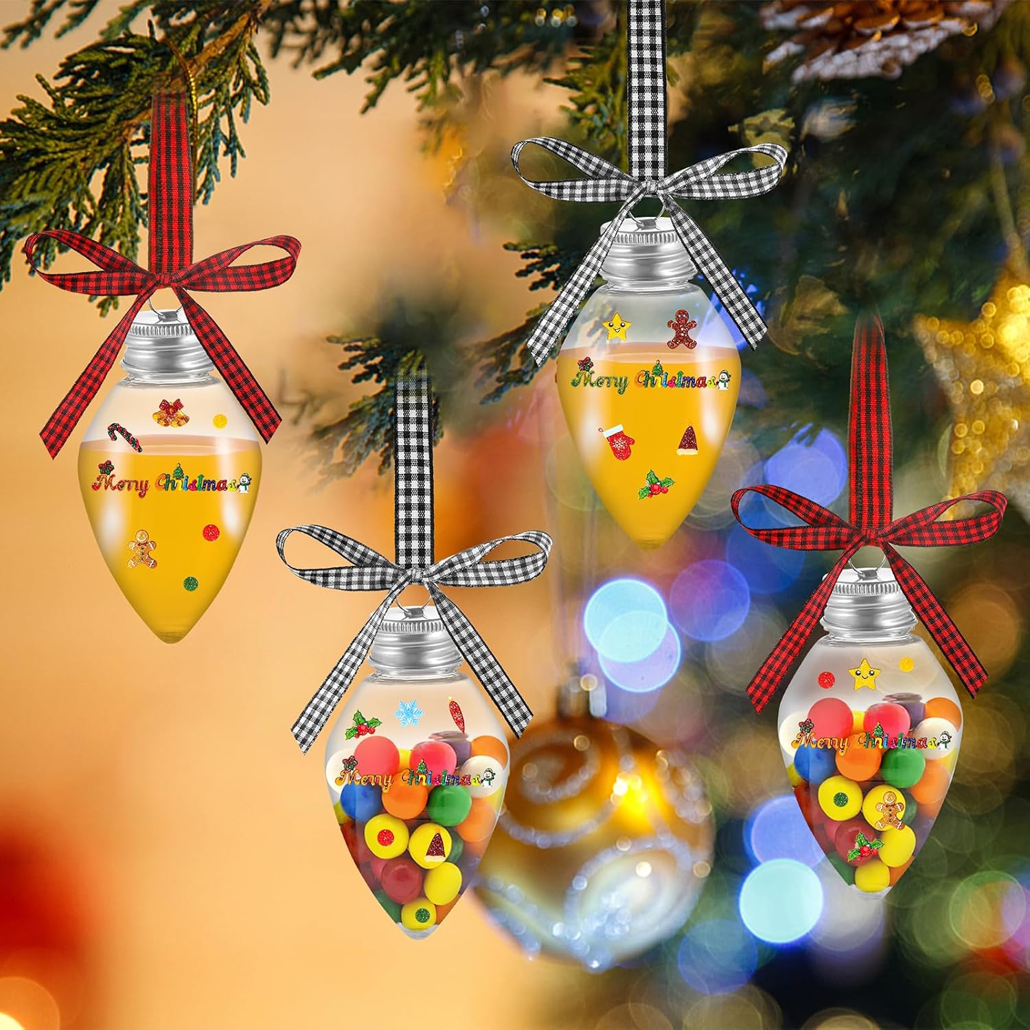 Dlerom 20 Pcs Christmas Fillable Light Bulbs, Large Opening Clear Plastic Ornaments with Plaid Ribbons and Xmas Stickers for DIY Crafts and Multi-Purpose Celebrations thumbnail