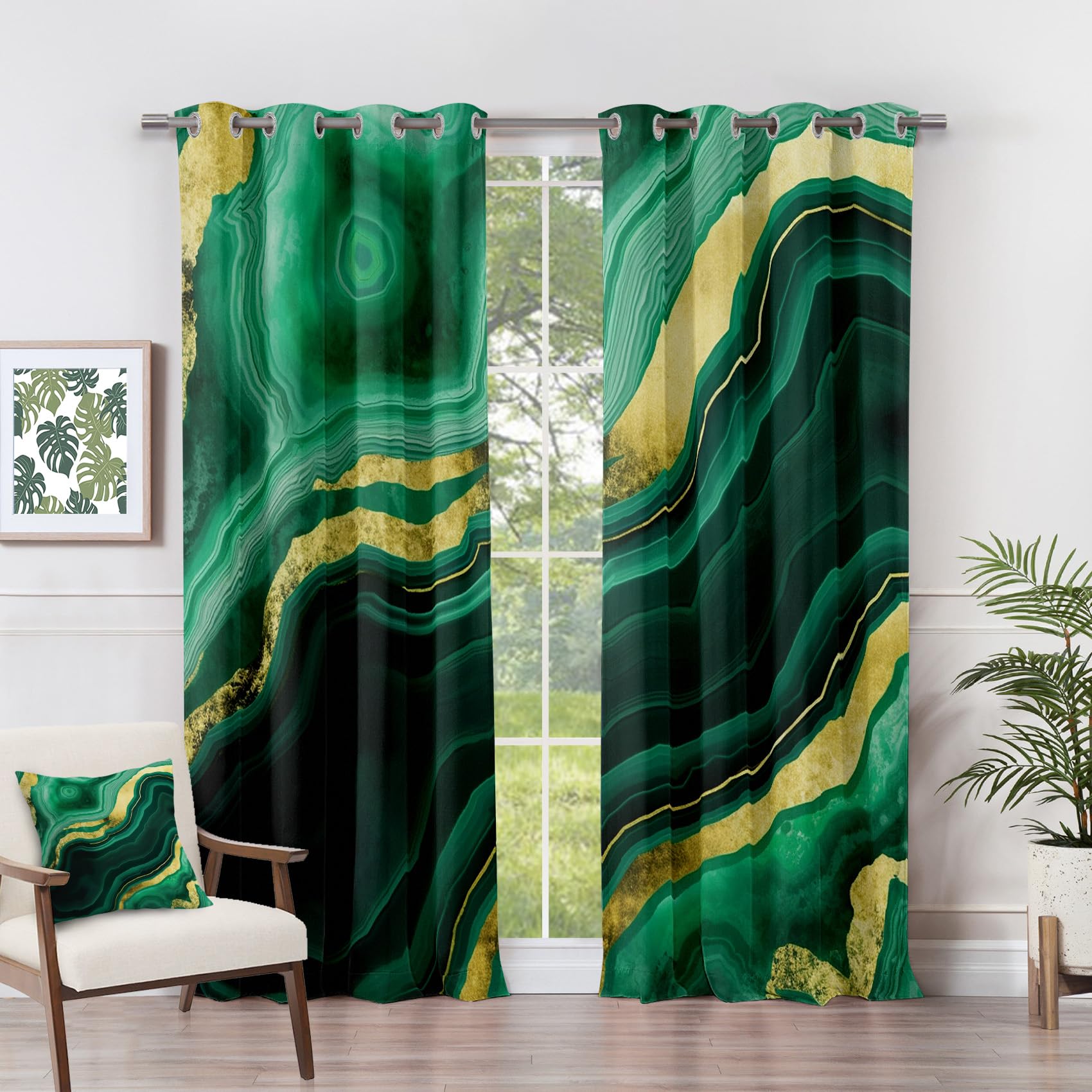 Marble Curtains for Living Room - Marble Curtains - Emerald Green and Gold Abstrac Blackout Curtains 52 x 84 Inch (Width x Drop) 2 Panels, Modern Luxury Eyelet Curtains & Drapes