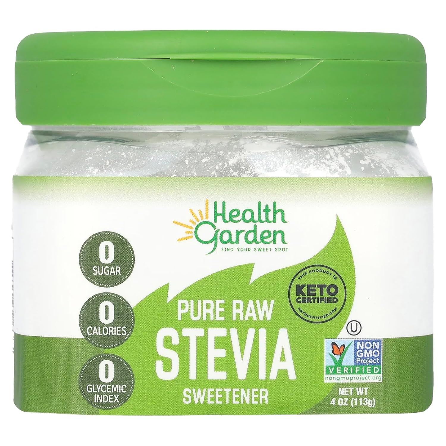Health Garden Pure Raw Stevia Sweetener, 4 oz Jar, 100% Natural, No Additives, Keto Friendly, Zero Calorie Sugar Substitute, Sugar Alternative, Gluten-Free, Vegan, Kosher, 300X Sweeter Than Sugar