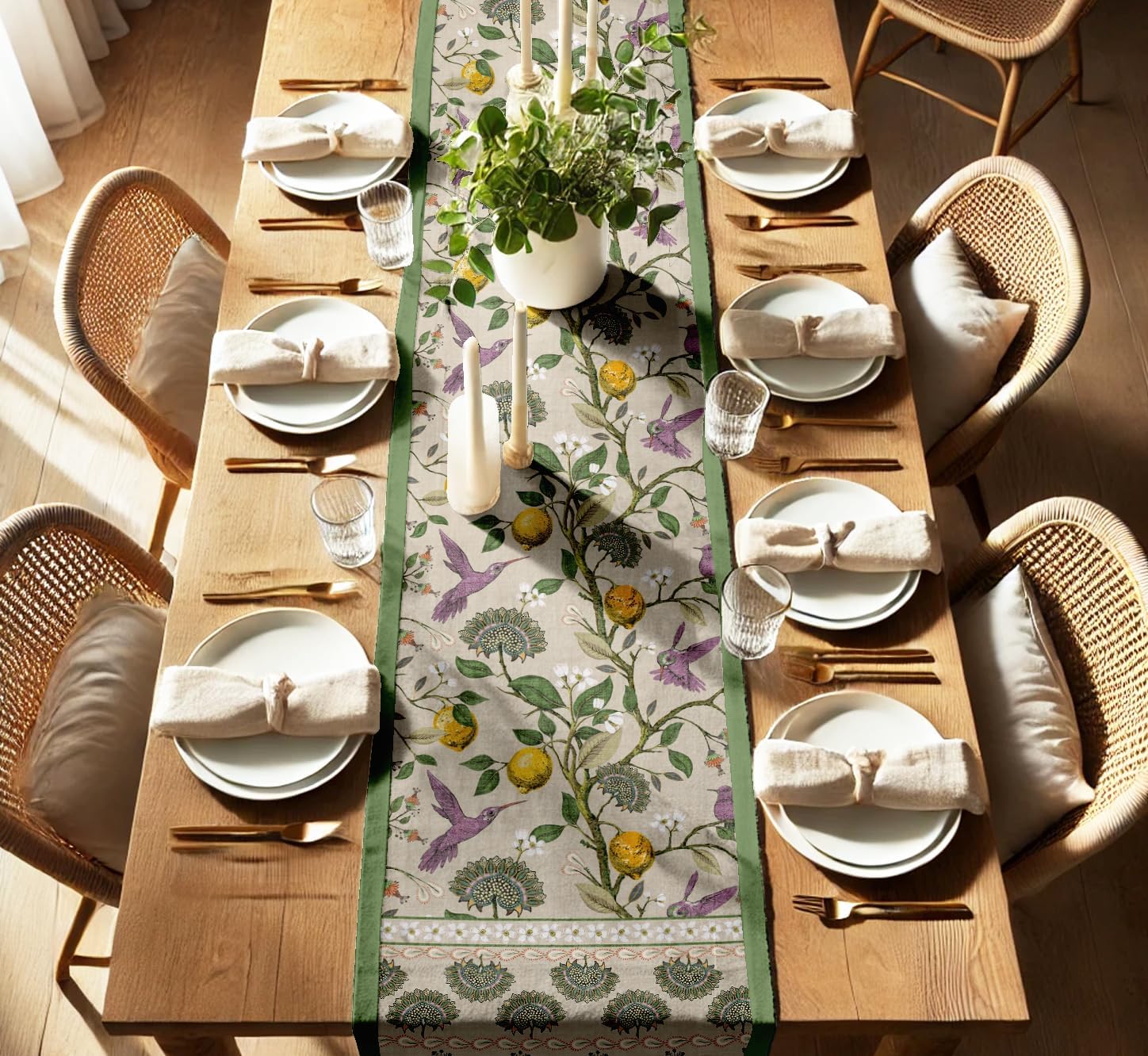 Bird Design Cotton Table Runner by Vargottam - Double Layer with Border - Washable Runner - Decorative Table Linen for Dining & Everyday Use