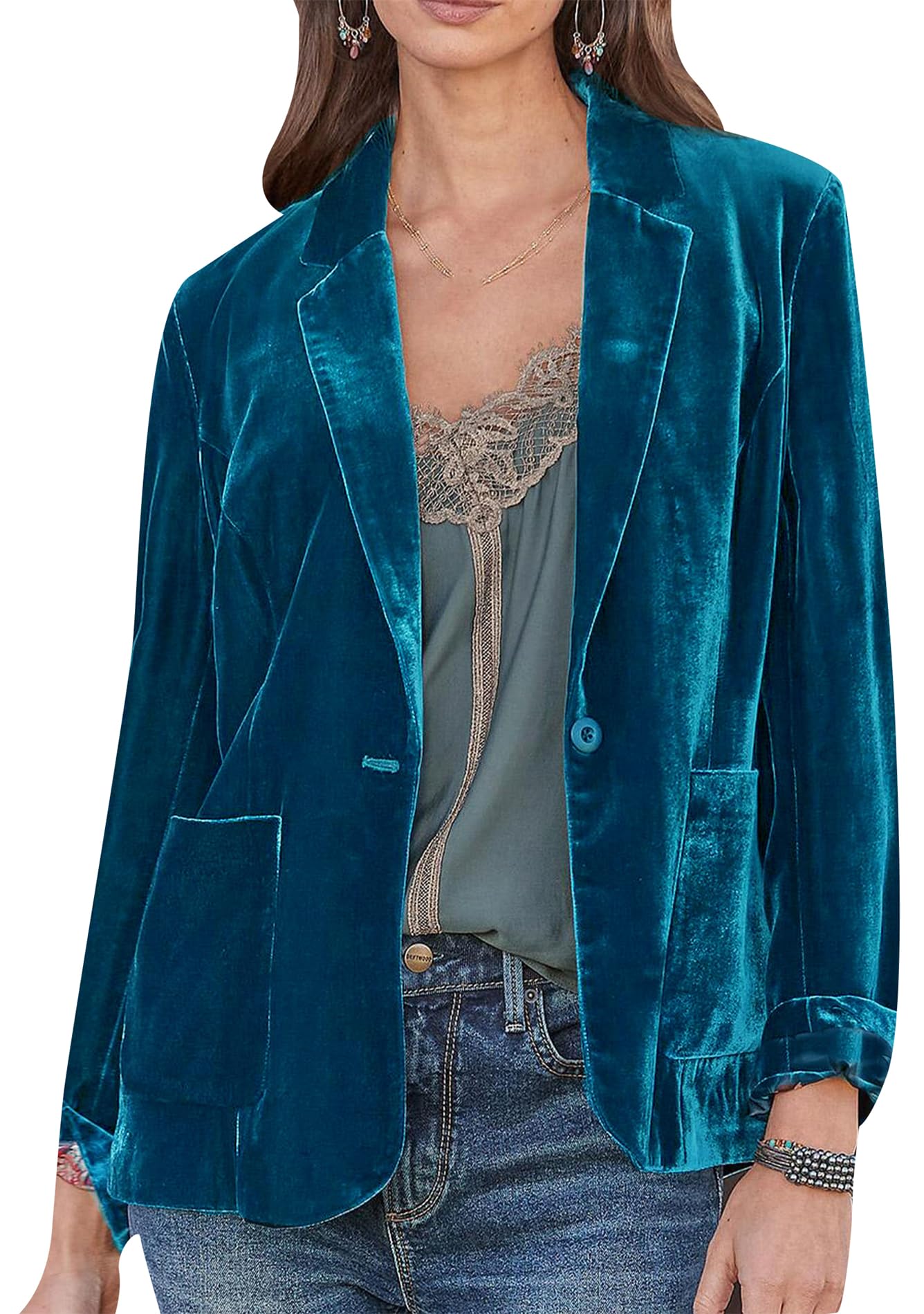 FLITAY Velvet Elegant Blazers for Women Long Sleeve Business Coat Casual Solid Color Outerwear with Pocket