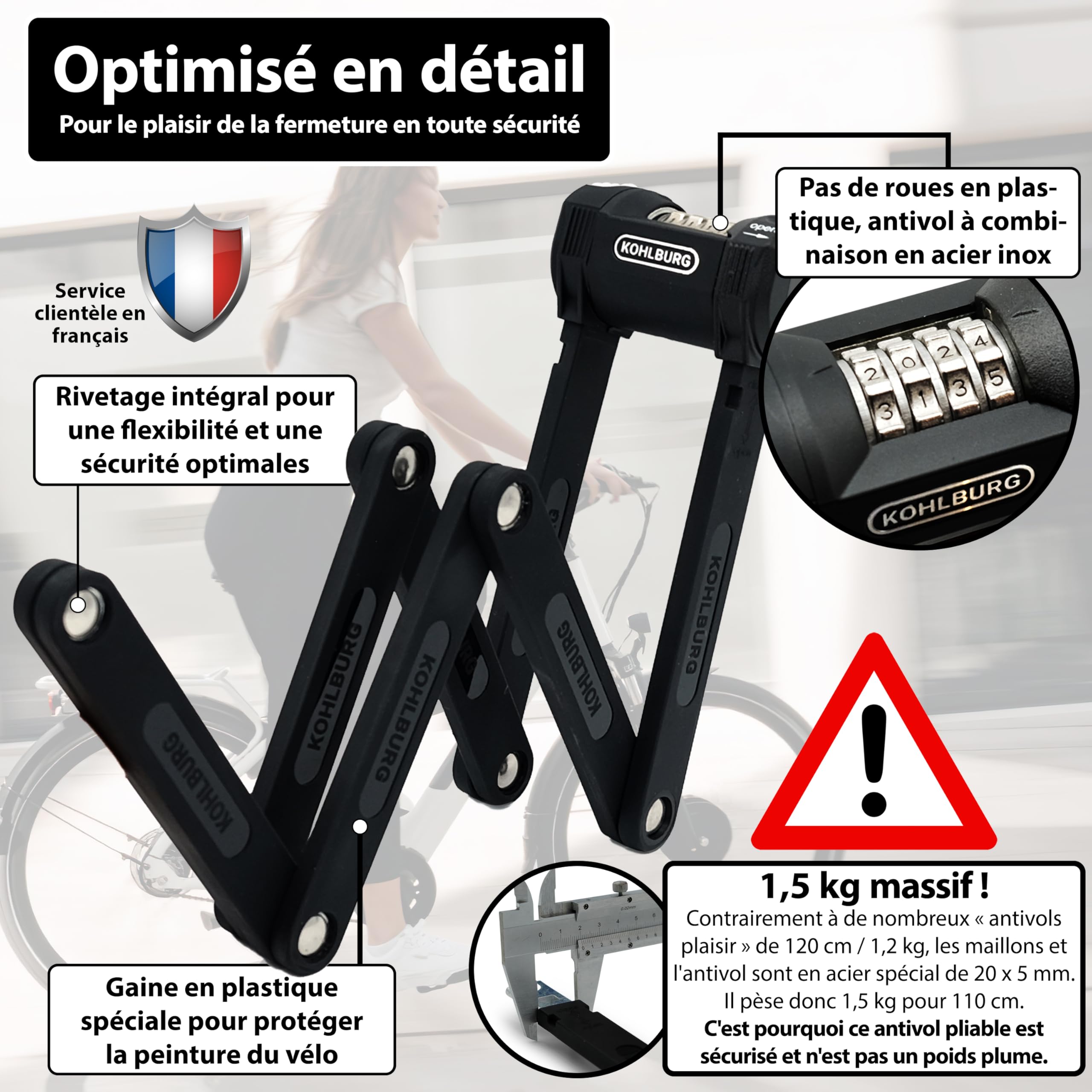 KOHLBURG Antivol Pliant vélo 110 cm à code chiffré de haute sécurité | Antivol à code pour vélo avec support – résistant aux coupe‑boulons – serrure & antivol pour vélo électrique