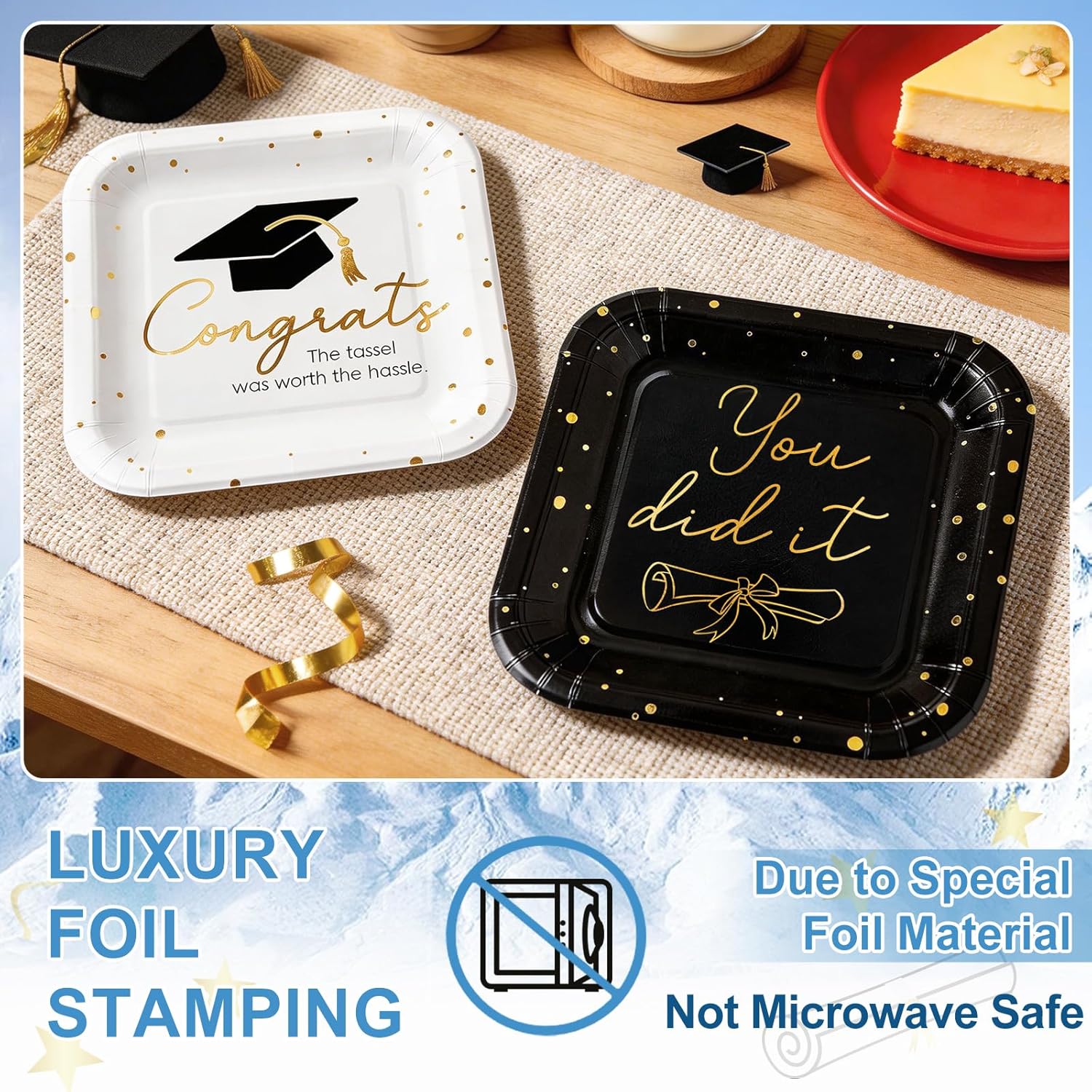 100pcs 2026 Graduation Party Decoration Plates Set, 7" Square Disposable Graduation Paper Plates, Class of 2026 Dessert Dinnerware Set for Congrats Grad Holiday Party Favors Decor, Black White