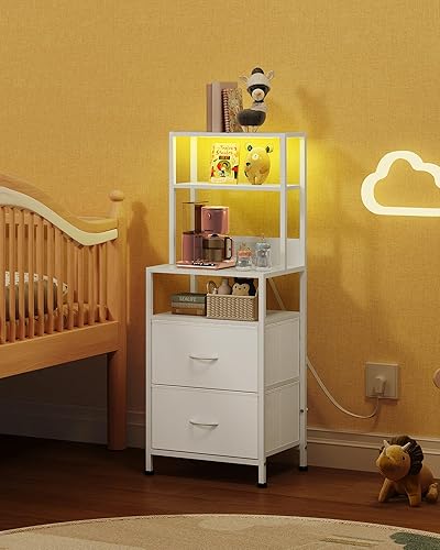 Miniatura 2 de WLIVE Mesita de noche con estación de carga, mesita de noche LED con 2 cajones de tela y 4 estantes abiertos de almacenamiento, mesa auxiliar para