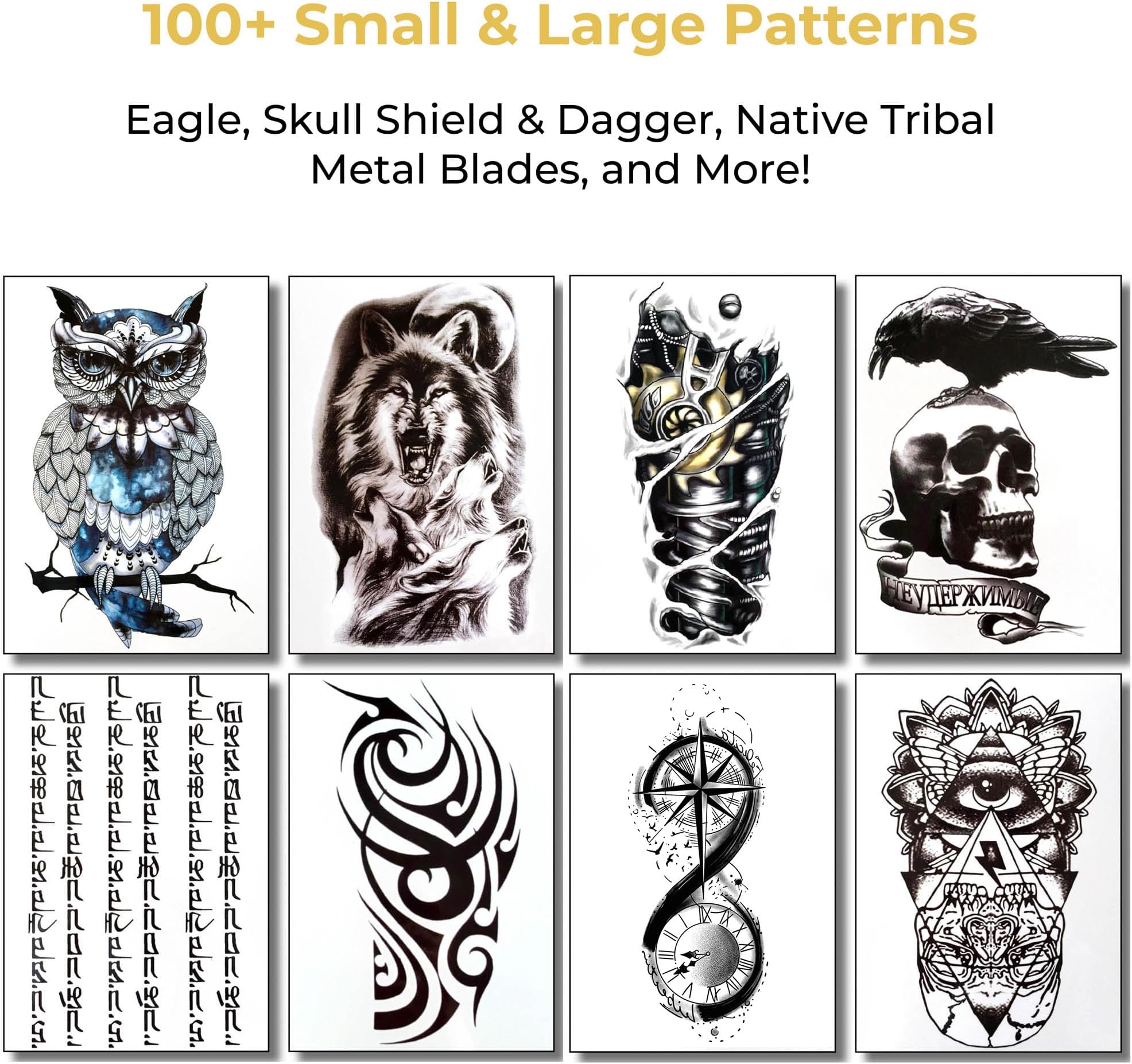 8 Sheets Temporary Transfer Tattoos Transfers For Guys Men Boys & Teens - Fake Stickers For Arms Shoulders Chest Back Legs Tribal Cyborg Skull Owl Wolf Tattoo For Halloween - Realistic Waterproof