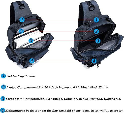 Miniatura 5 de Nicgid Bolsos de hombro en el pecho, mochila cruzada para laptop de 13.3 pulgadas, 14.1 pulgadas, bolsa de mensajero para viajes al aire libre,