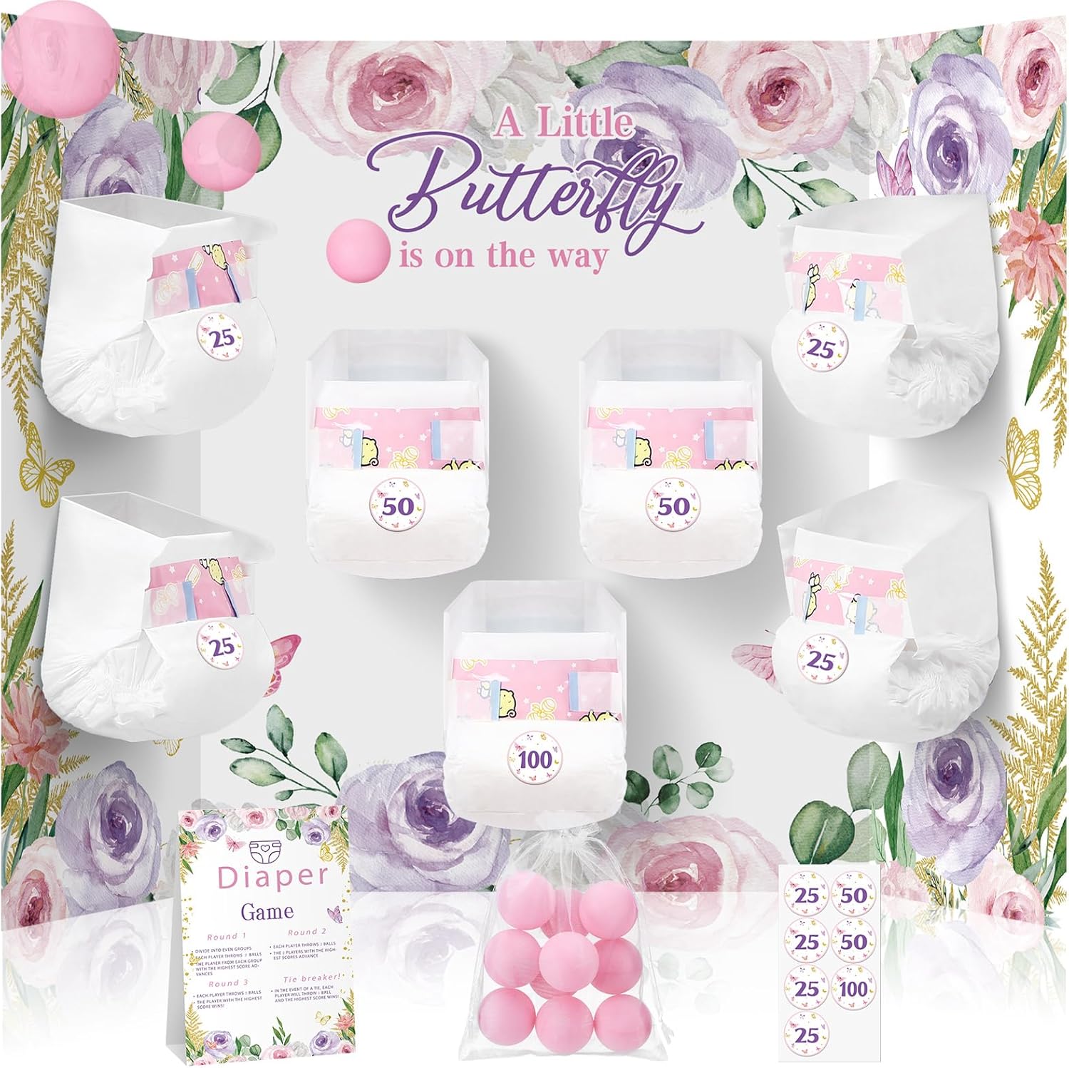 Ctosree 31 Pieces Butterfly Baby Shower Diaper Game 1 Diaper Baby Shower Game Board 7 Diapers 10 Plastic Balls 1 Organza Bag for Bridal Games Boy Girl
