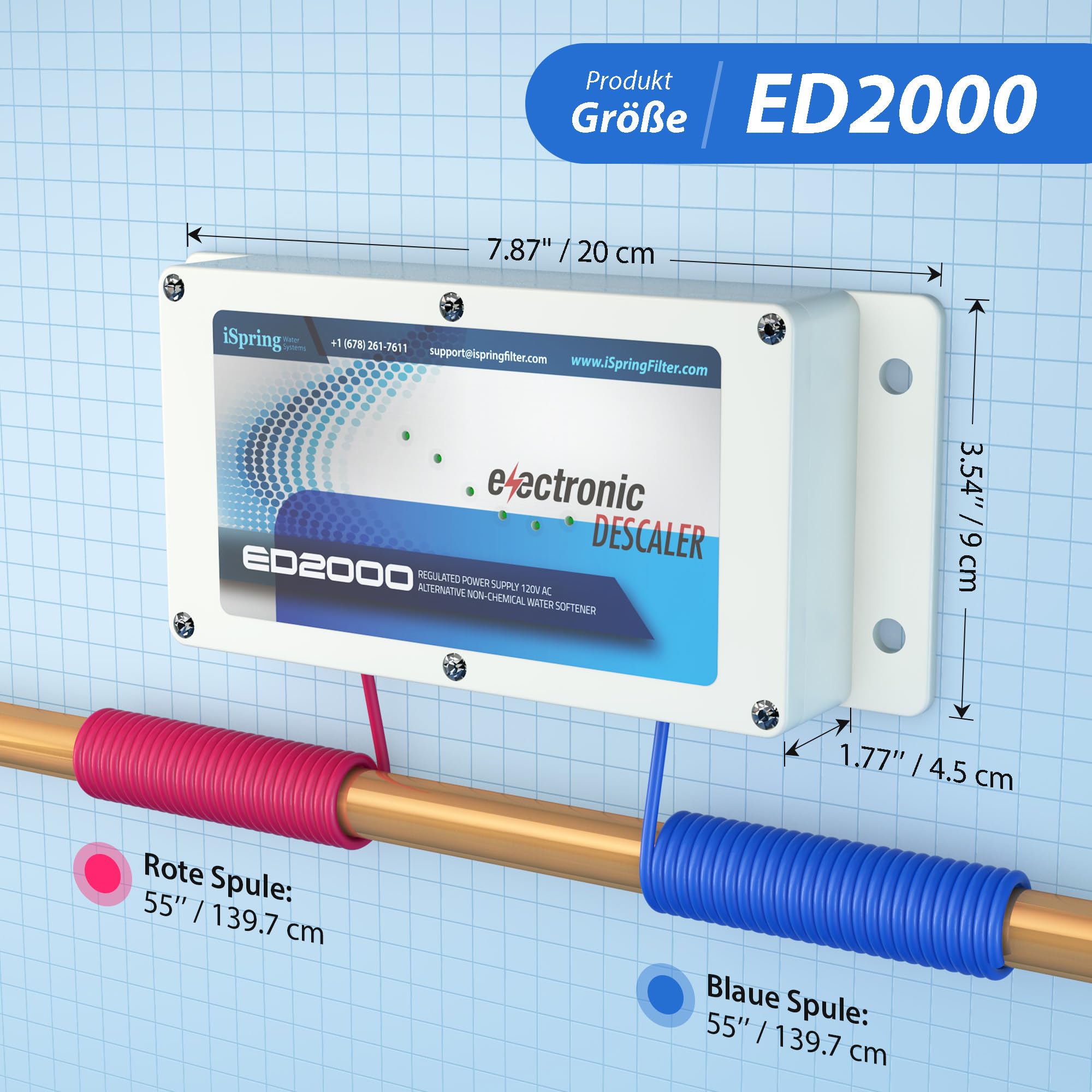 iSpring ED2000 Elektronischer Wasserentkalker, alternativer Wasserenthärter, Wasseraufbereiter für hartes Wasser, reduziert Kalkablagerungen