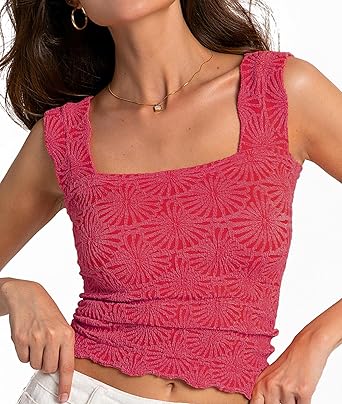 Women's Square Neck Wide Strap Crop Tank Tops Flower Going Out Tops Slim Fit Lettuce Trim Crop Cami Tops