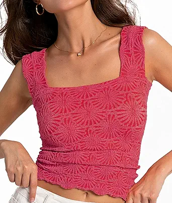 Women's Square Neck Wide Strap Crop Tank Tops Flower Going Out Tops Slim Fit Lettuce Trim Crop Cami Tops