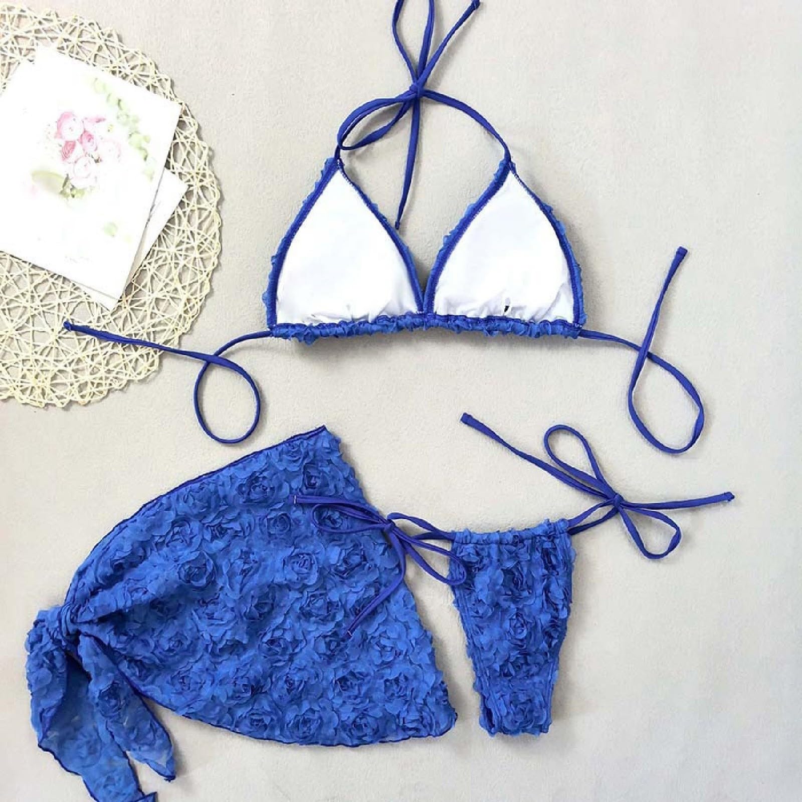 Costume da Bagno Donna 3 Pezzi Bikini Perizoma A Triangolo con Mini Copricostume Spiaggia Gonna A Fiori