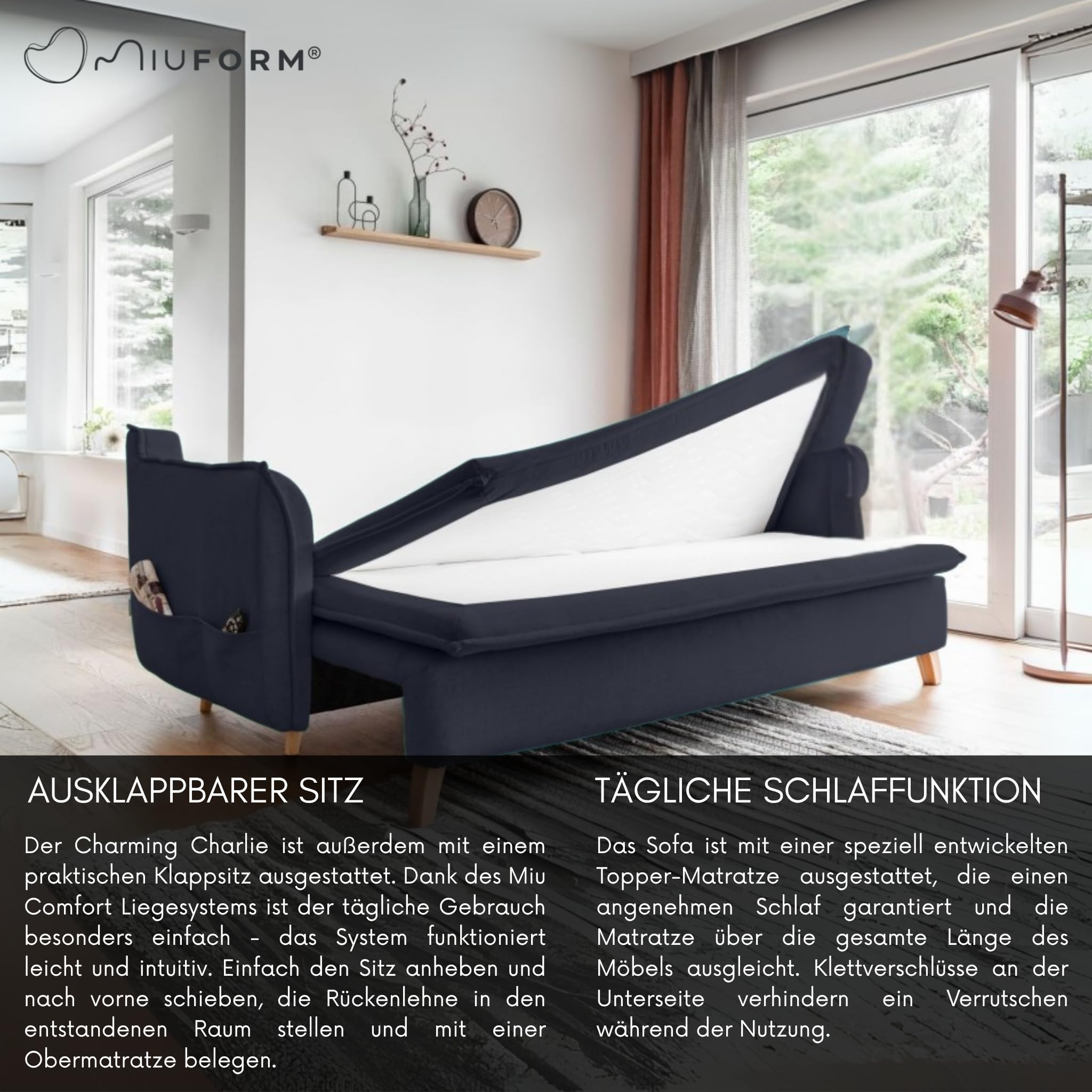 MIUFORM Charming Charlie Slim, 3 Sitzer Sofa mit Schlaffunktion, Anthrazit