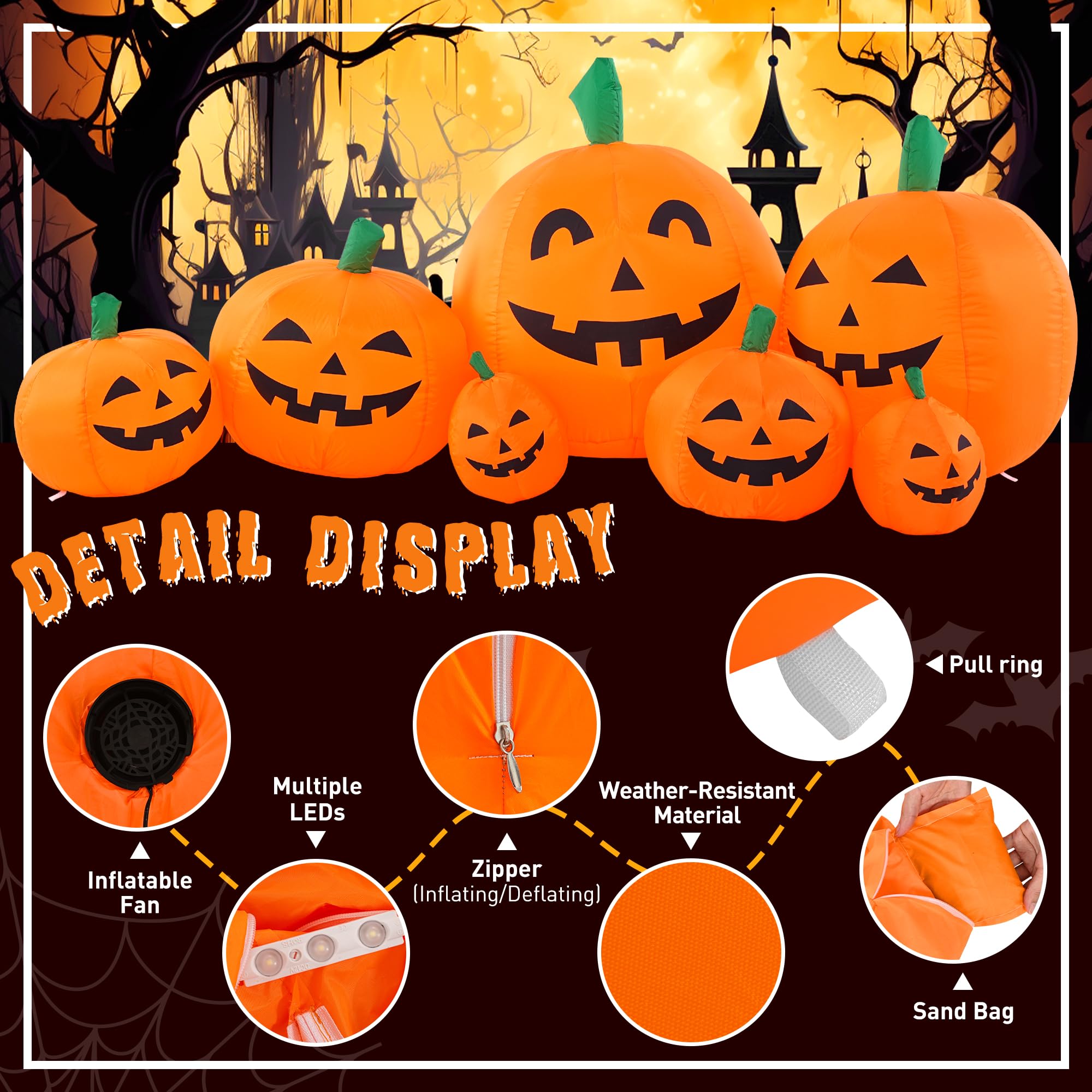 Solpex Halloween Deko, Halloween Inflatable Pumpkin Decoration, 240cm/8FT, 7 Pumpkin Set with 21 LED Lighting for Party, Garden, Lawn, Yard Decoration (Orange & White)