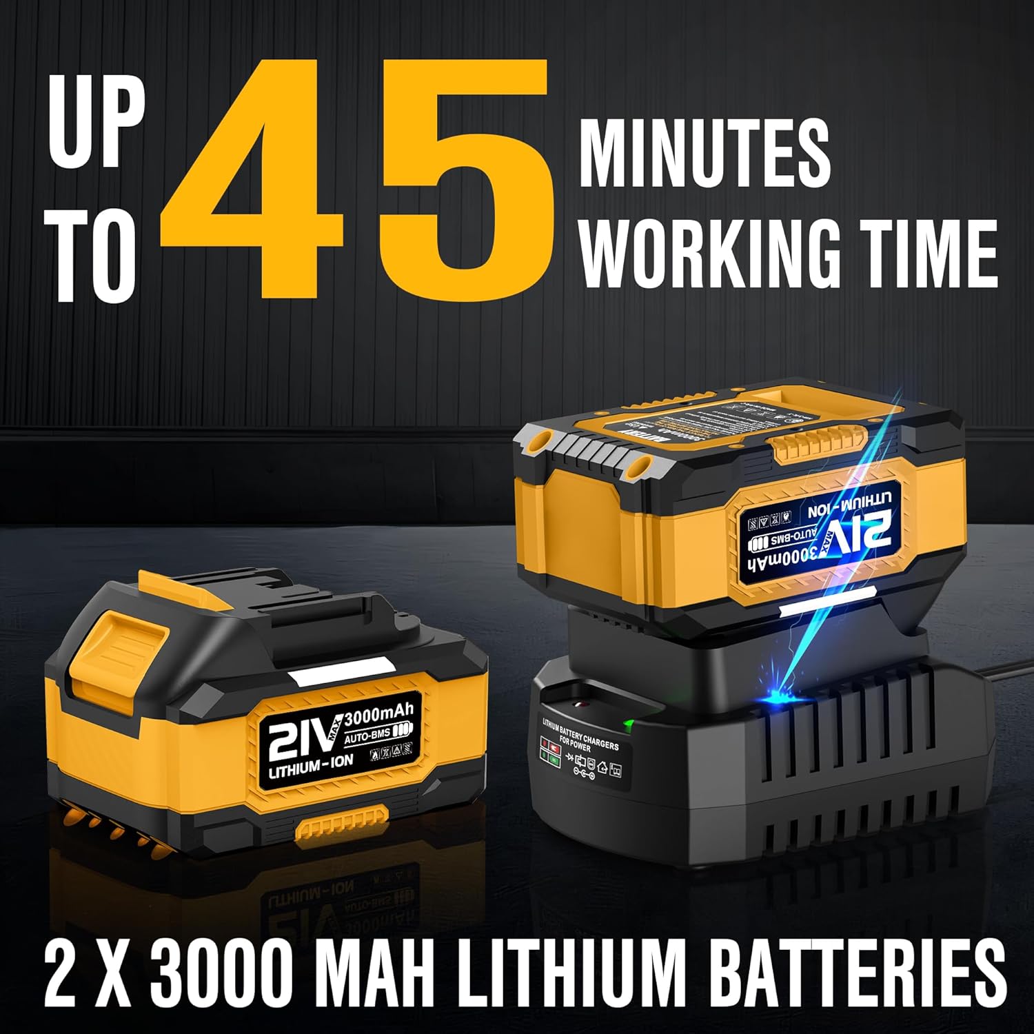 Two EWORK 21V 3.0Ah Lithium-Ion batteries, one inserted into a fast charger with a green indicator light, and the other next to it.